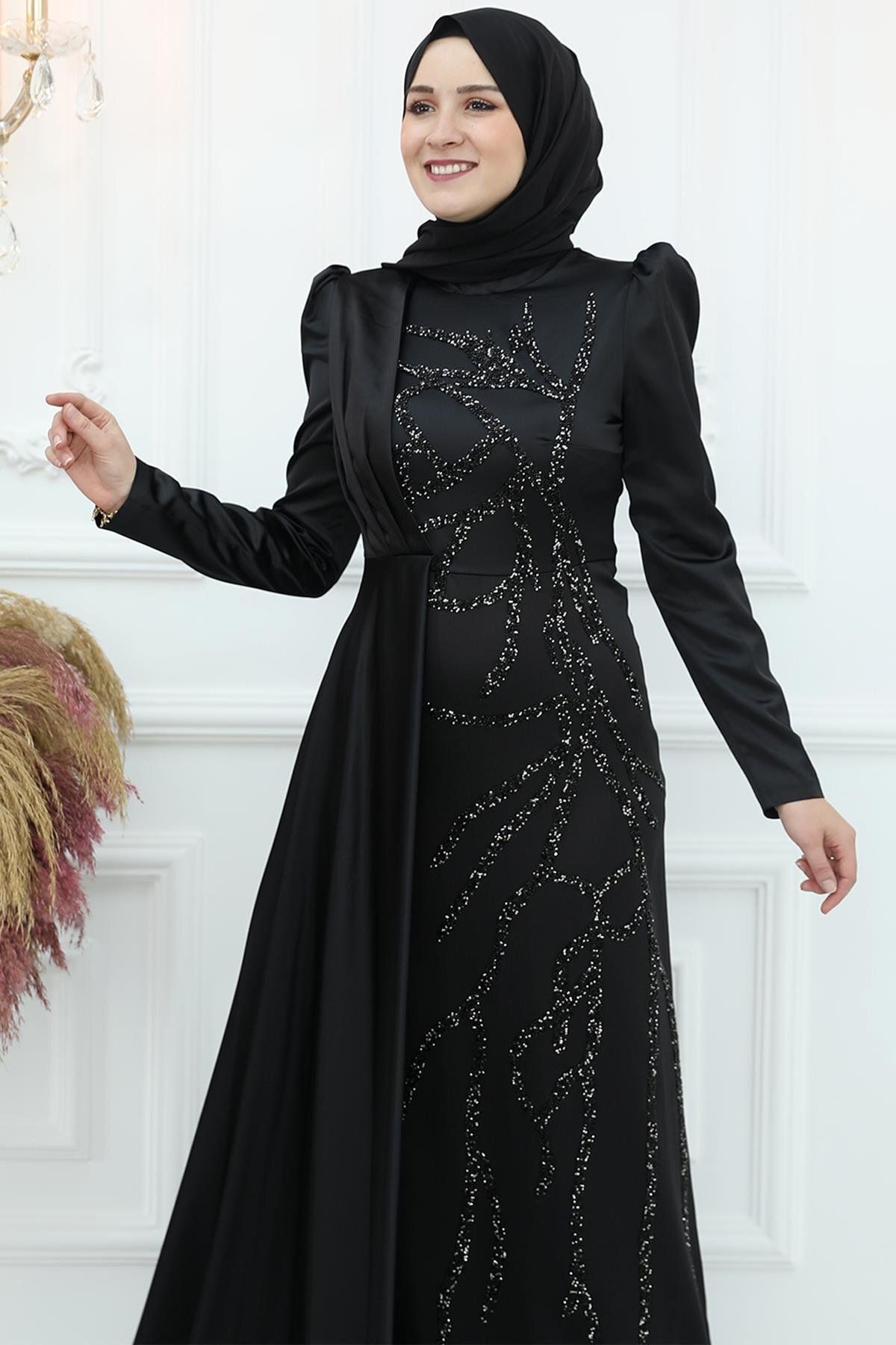 Amine Hüma-Burçin Satin Evening Dress Black 2