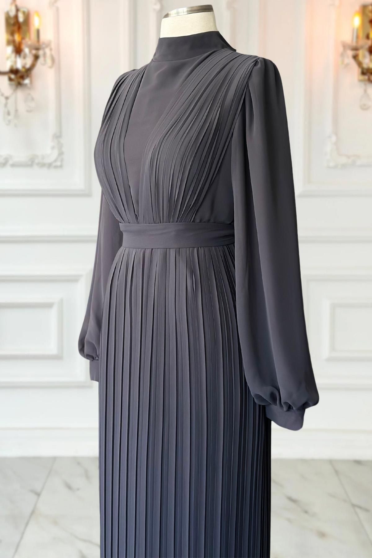 Amine Hüma-Anthracite Alina Pleated Hijab Evening Dress 3