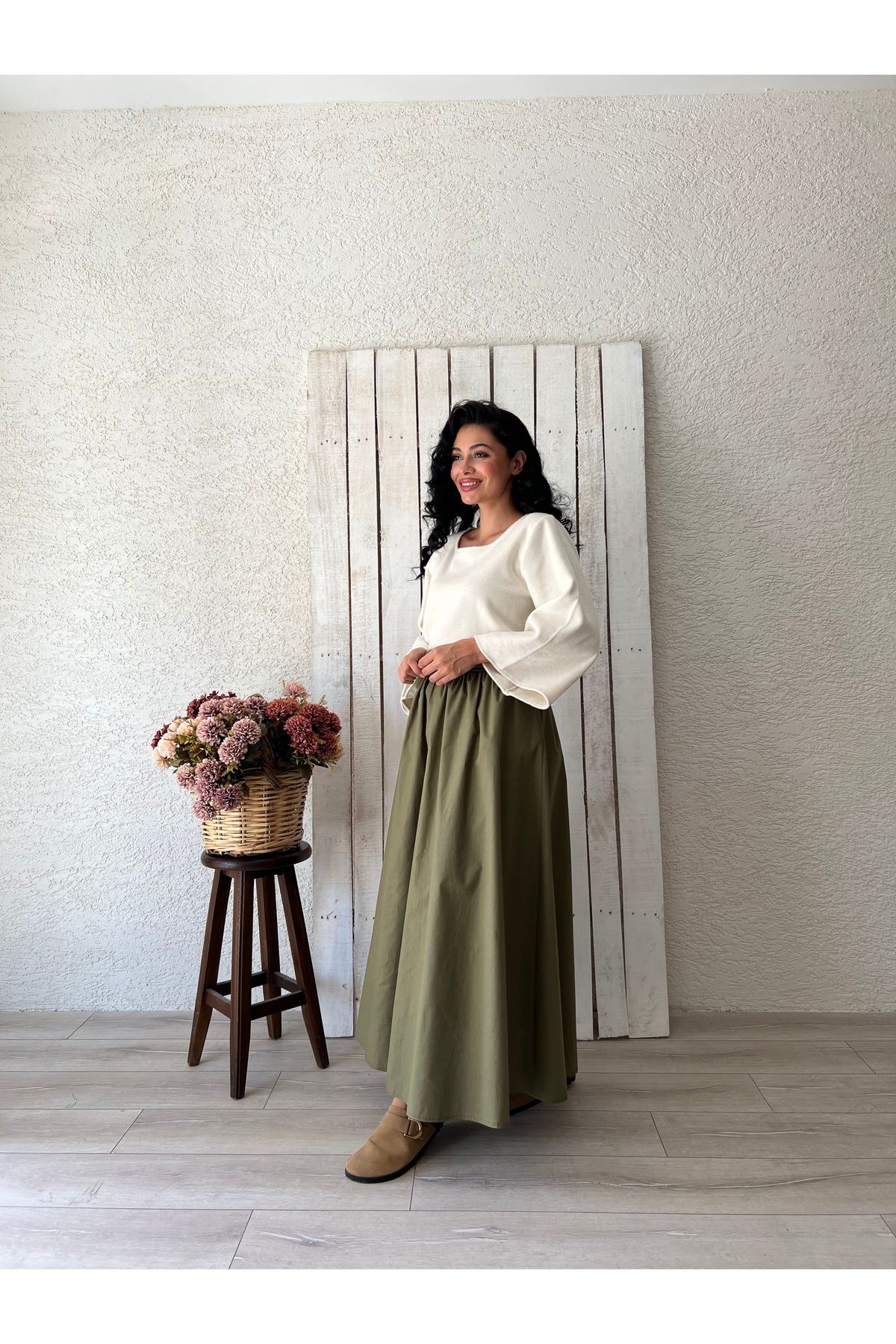 KÜÇÜĞÜM BUTİK-Khaki Green Flared Gathered Poplin Skirt 2