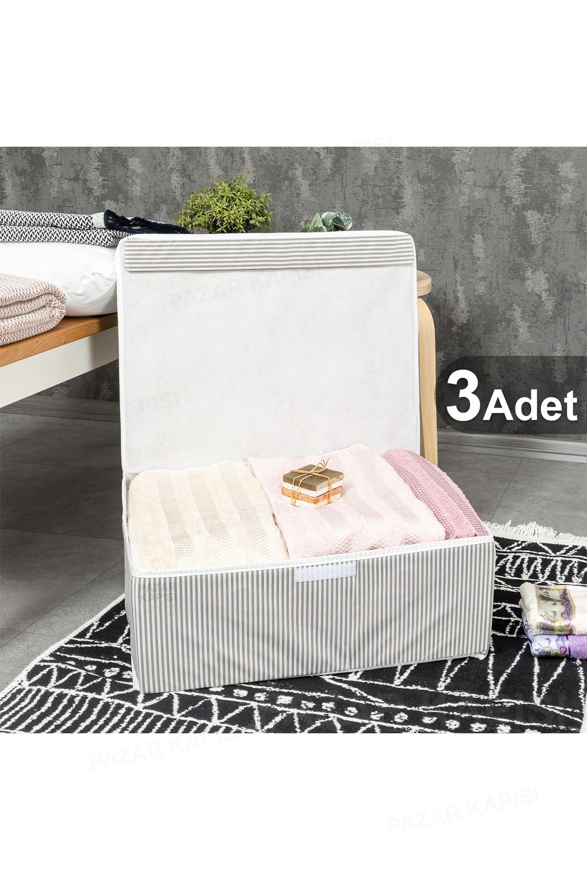 teknotrust 3'lü Gri Çok Amaçlı Kapaklı Kutu 50x40x19 cm