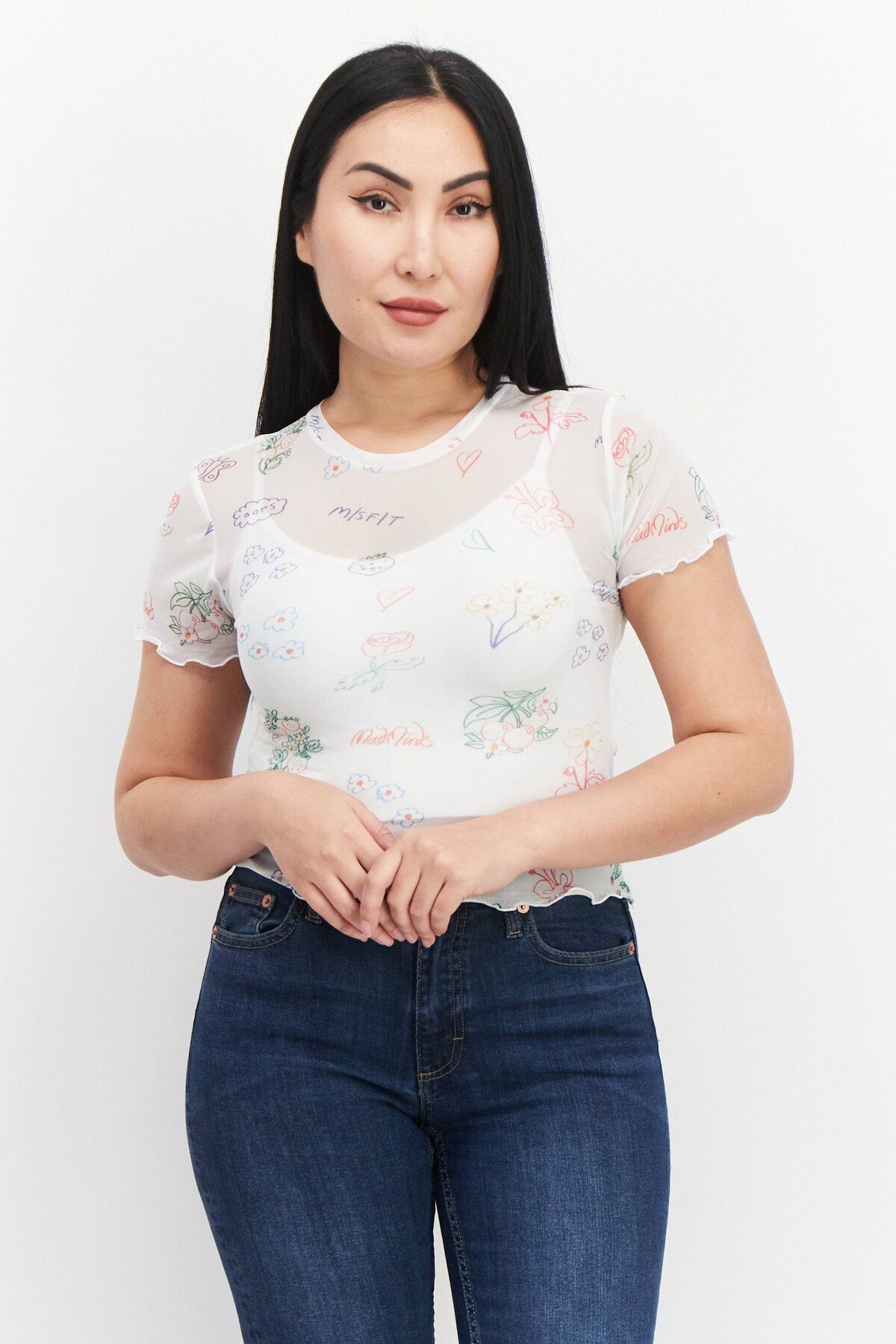 Misfit-Women Floral Print Short Sleeve Net Top,White Combo 1