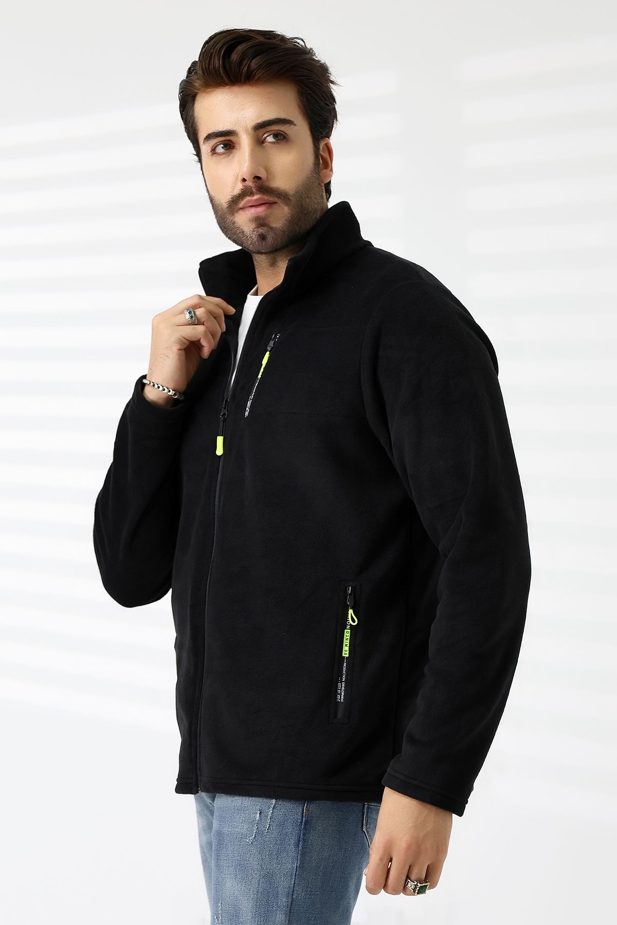 TİJA-Men's Zippered Pocket, Black Fleece Cardigan, Jacket 4