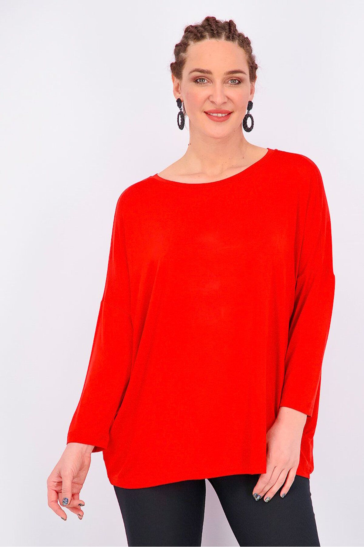 Tchibo-Women Oversize Round Neck Long Sleeve Blouse, Rusty Red 1