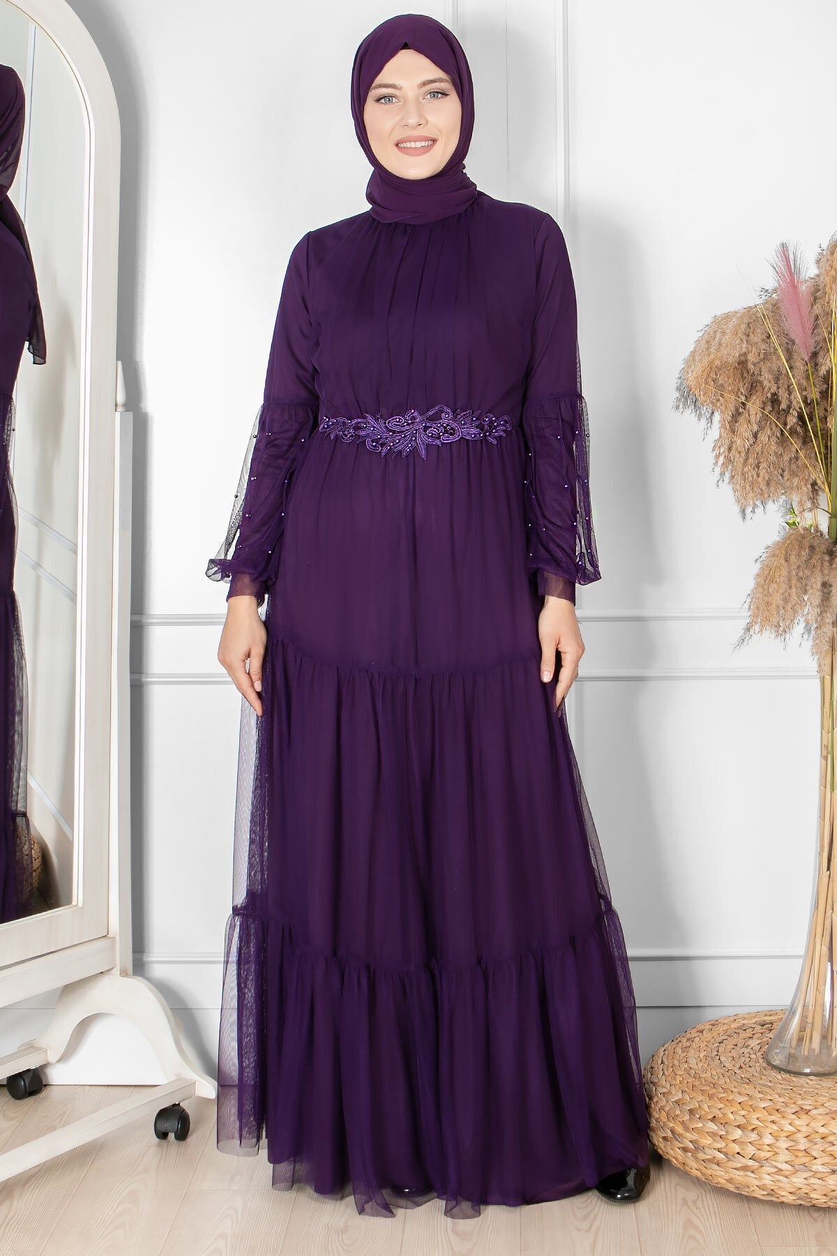 SUBU TASARIM-Purple Tulle Evening Dress - Ruffle and Guipure Embroidered Tbs864 6