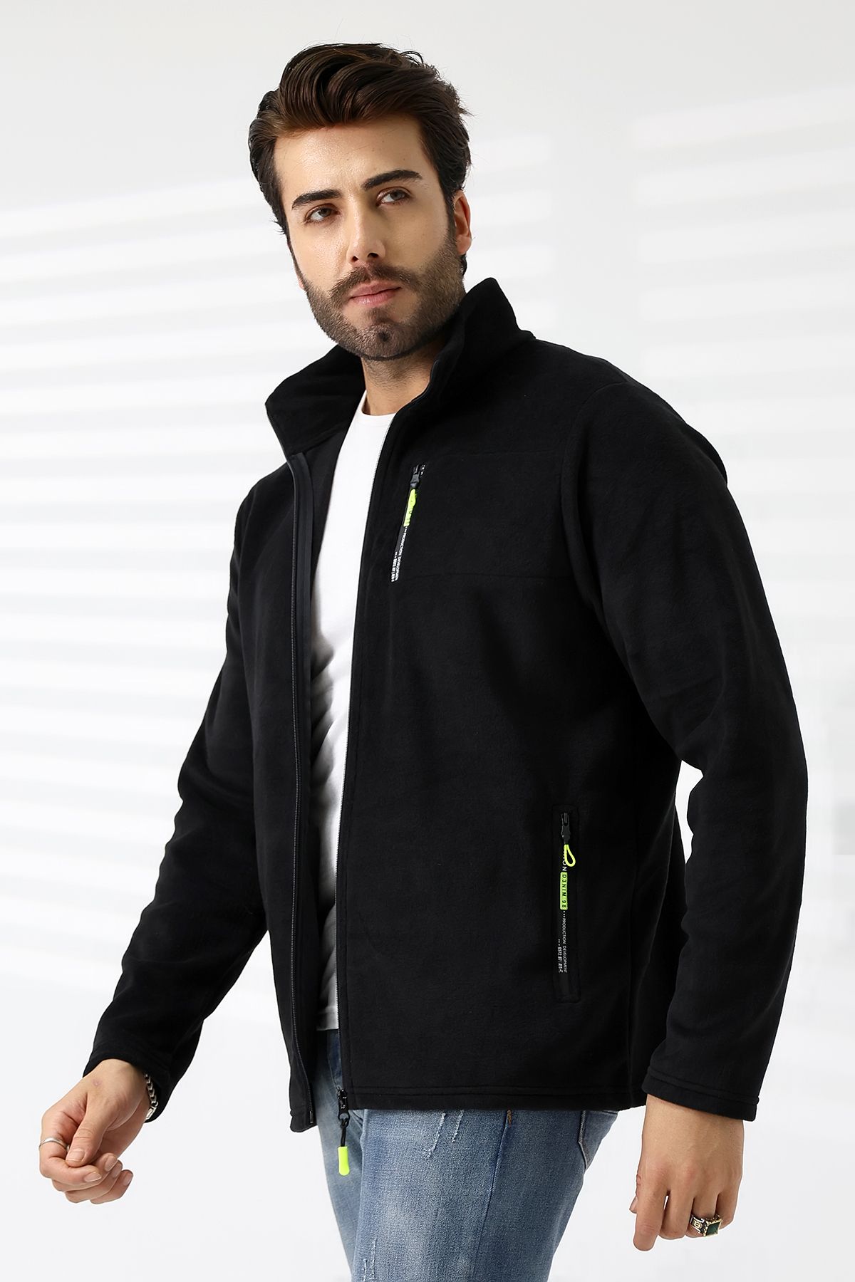TİJA-Men's Zippered Pocket, Black Fleece Cardigan, Jacket 5