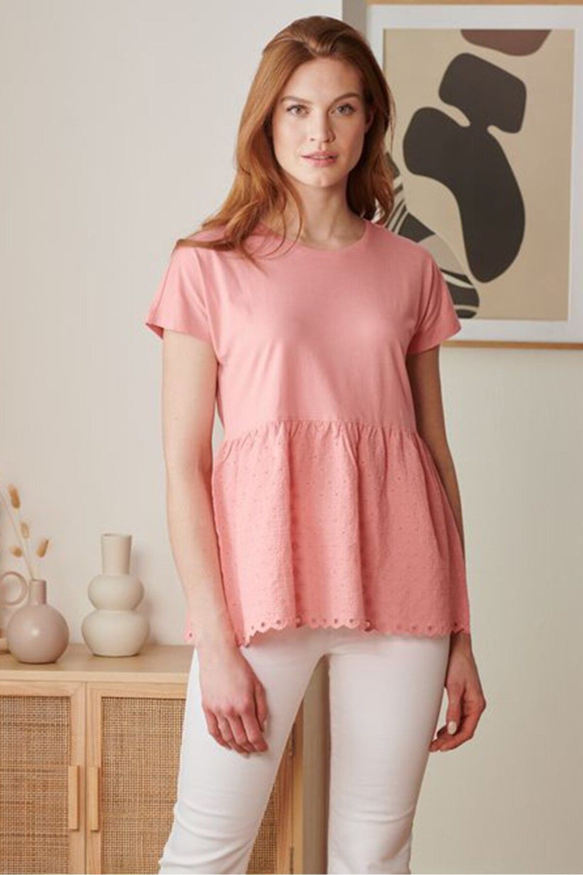 Tchibo-Women Round Neck Short Sleeve Embroidery Top, Coral 1