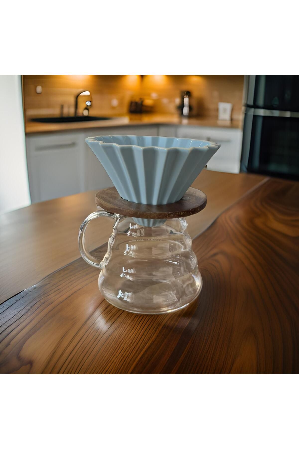 ALOHA V60 Ahşap Standlı Seramik Dripper  Kahve Potu 500ml Seti