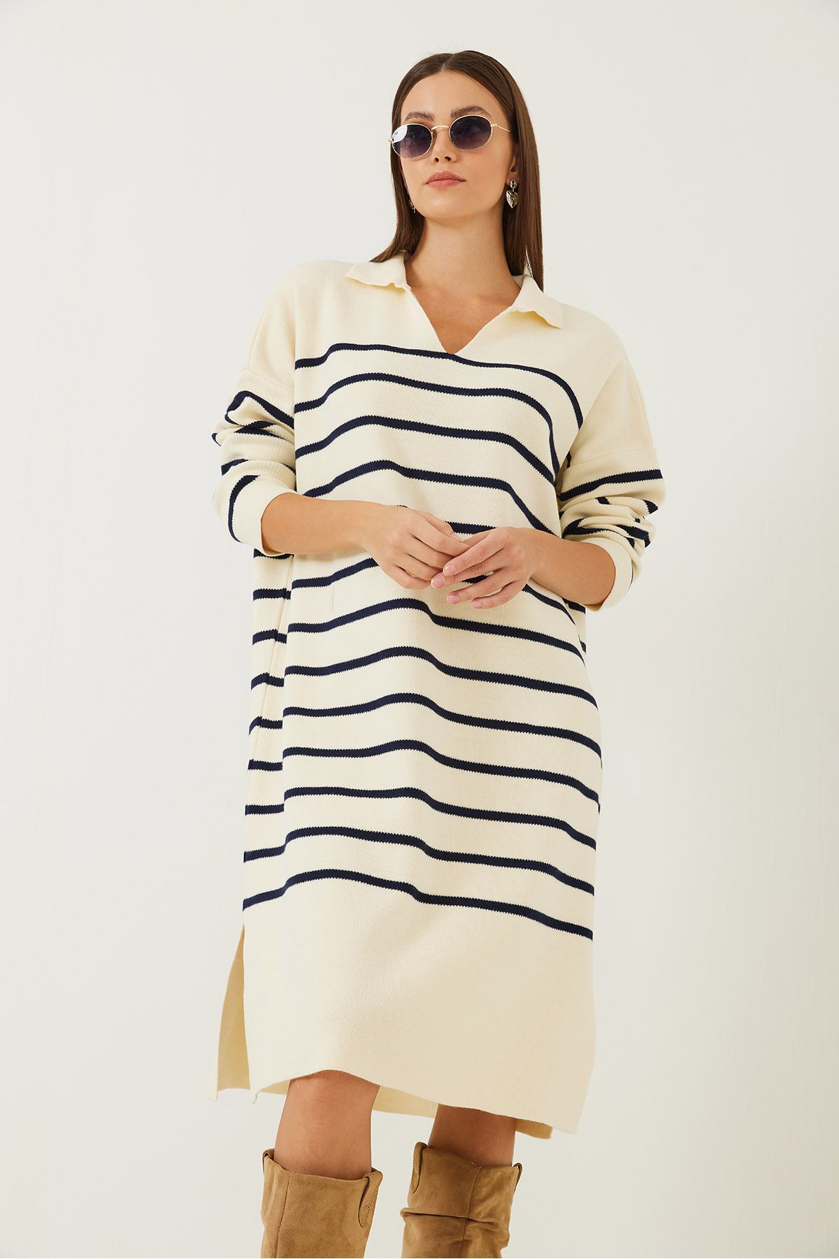 Bianco Lucci-Women's V-Neck Side Slit Striped Knitwear Dress 6