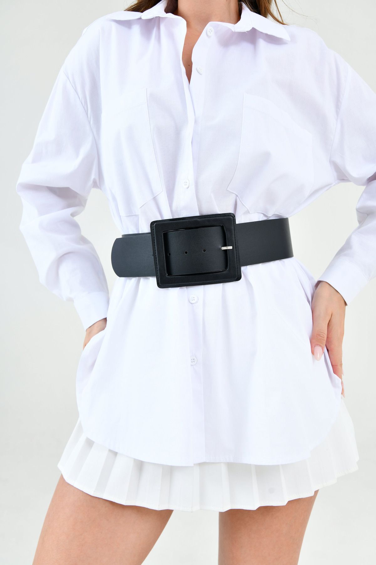 bayansepeti-Faux Leather Stylish Design Buckle Wide Band Clothing Accessory Black Belt 15525 5