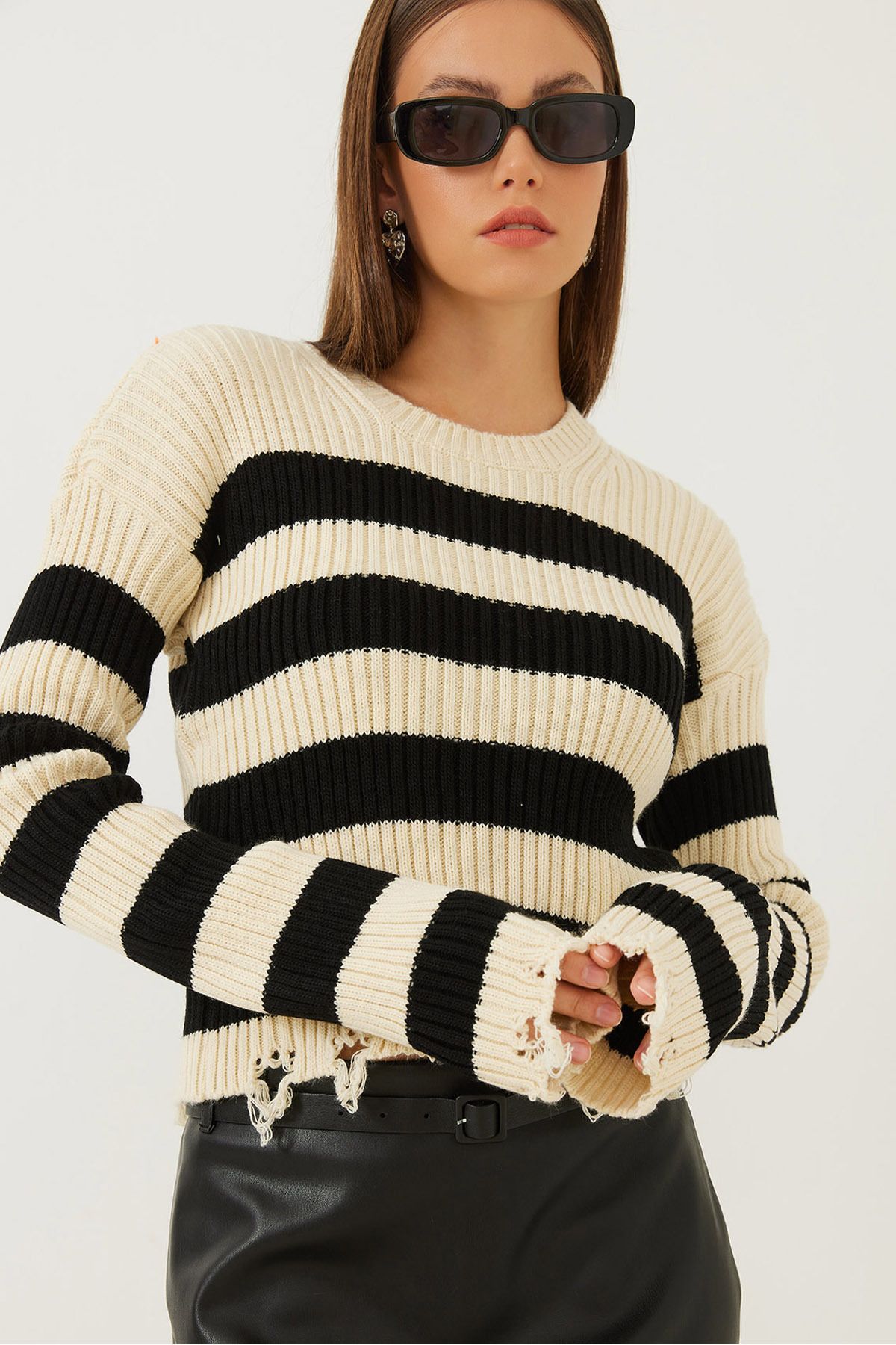 Bianco Lucci-Women's Ripped Detailed Striped Sweater 85001009 1