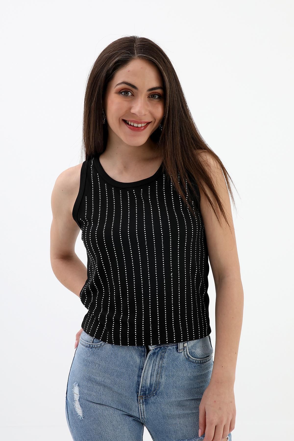 TUA MODA TUA MODA Taş İşlemeli Kolsuz Bluz - Siyah