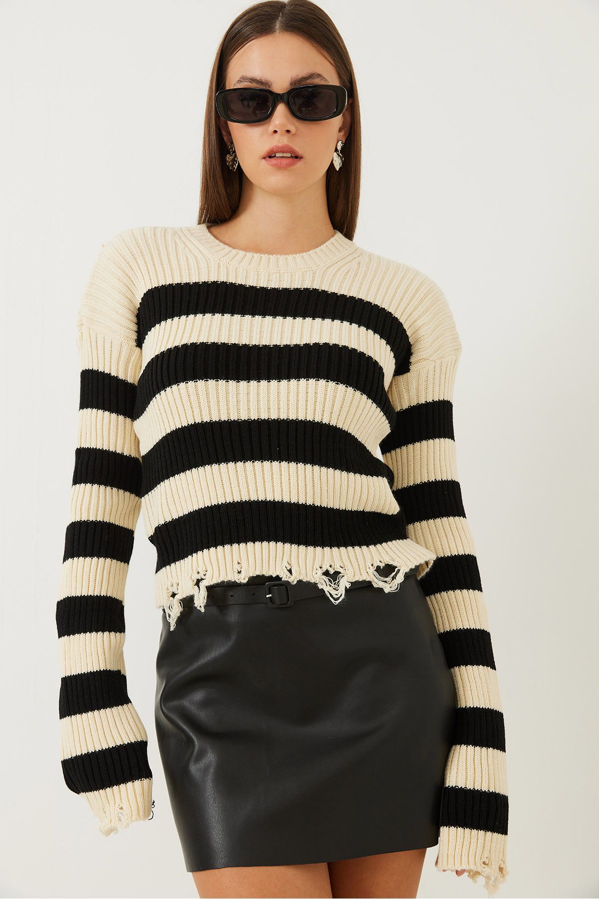 Bianco Lucci-Women's Ripped Detailed Striped Sweater 85001009 5