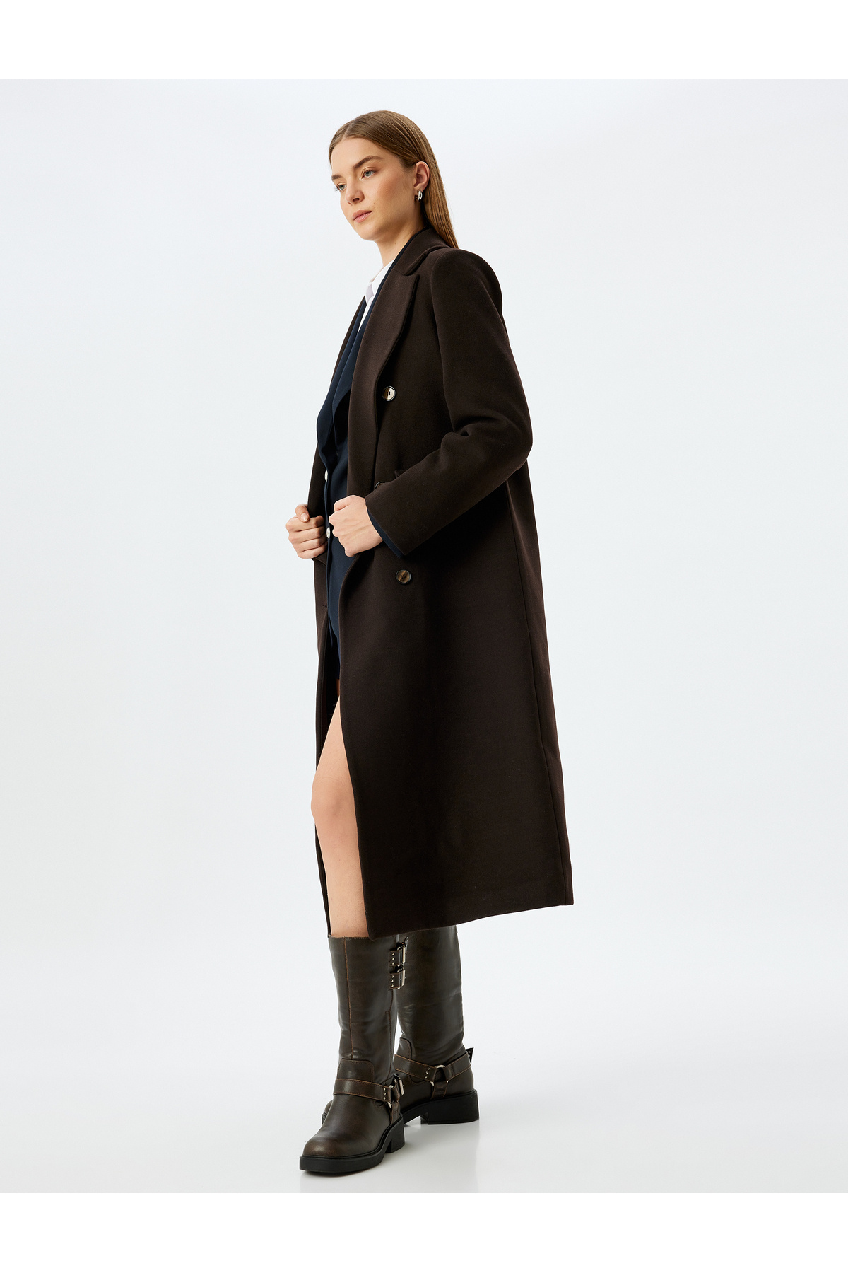 Koton  Cepli Düğmeli Kruvaze Ekstra Uzun Kaban - Görsel 2