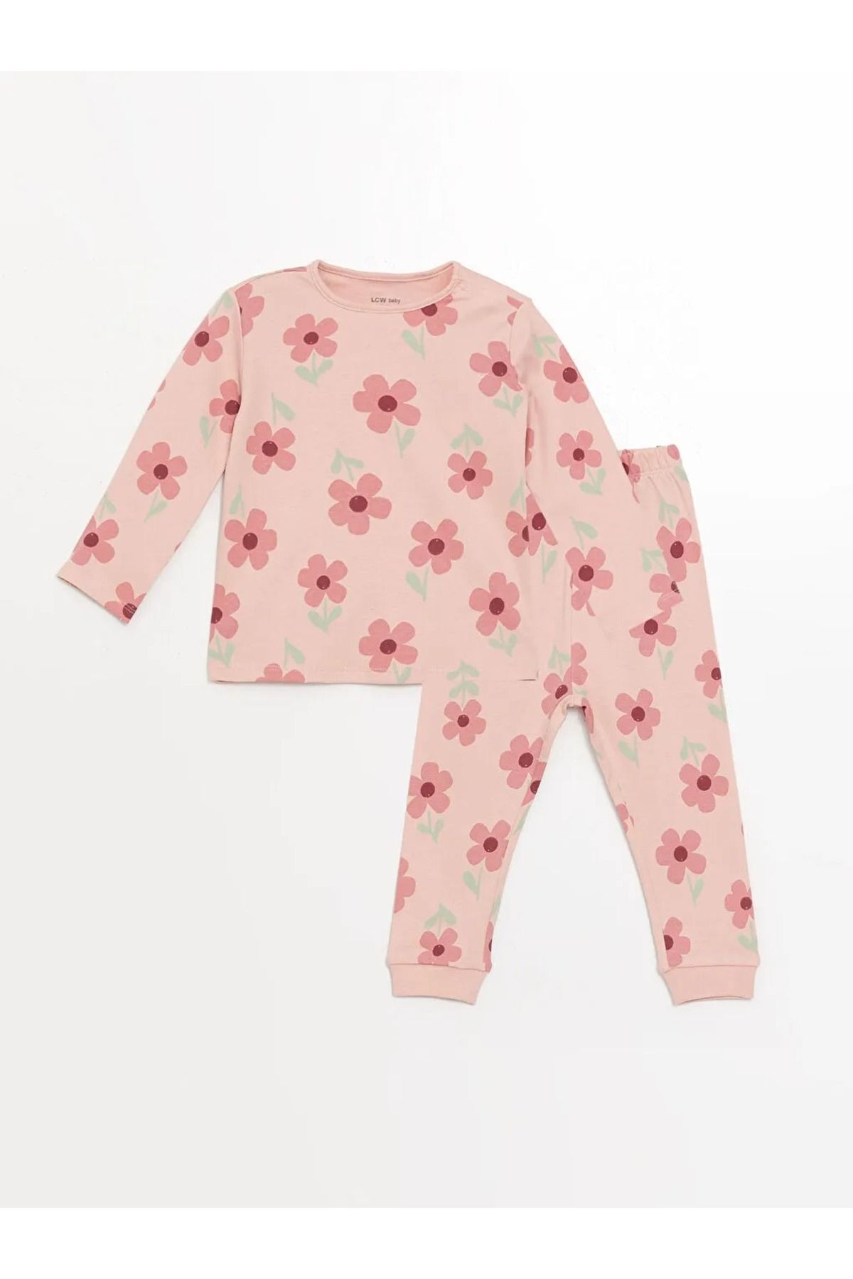 LC Waikiki-Lcw Baby Pink Printed Crew Neck Printed Baby Girl Pajama Set 1