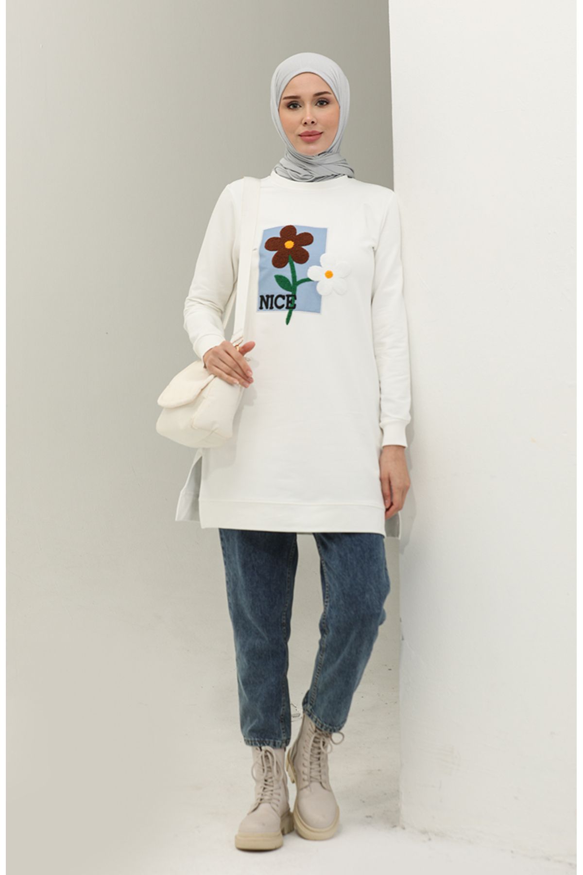 sefamerve-Ecru Daisy Embroidered Tunic - 9116-03 2