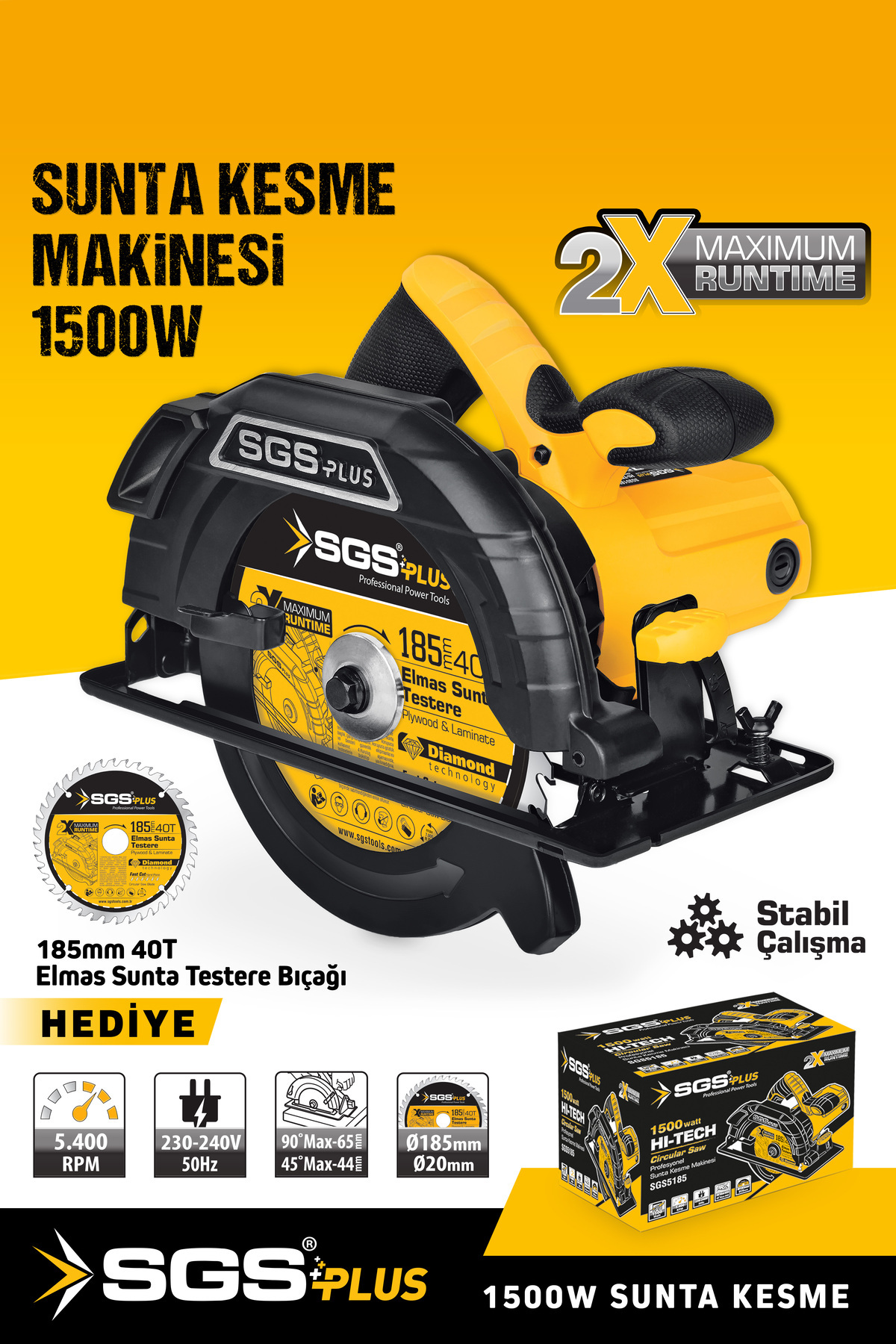 SGS PLUS SGS5185 185MM PROFESYONEL SUNTA AHŞAP MDF KESME TESTERE MAKİNESİ 1500 Watt