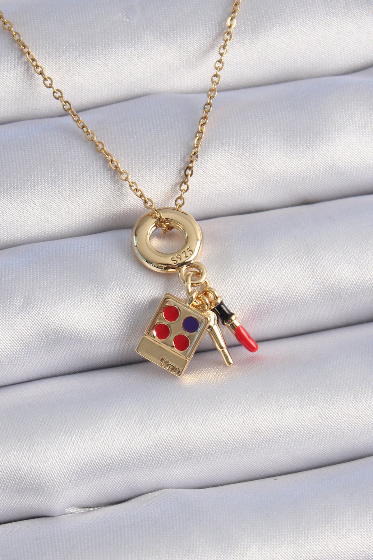 MMB Boutique 316L Çelik Gold Renk Makyaj Paleti Figür Charm Model Kadın Kolye