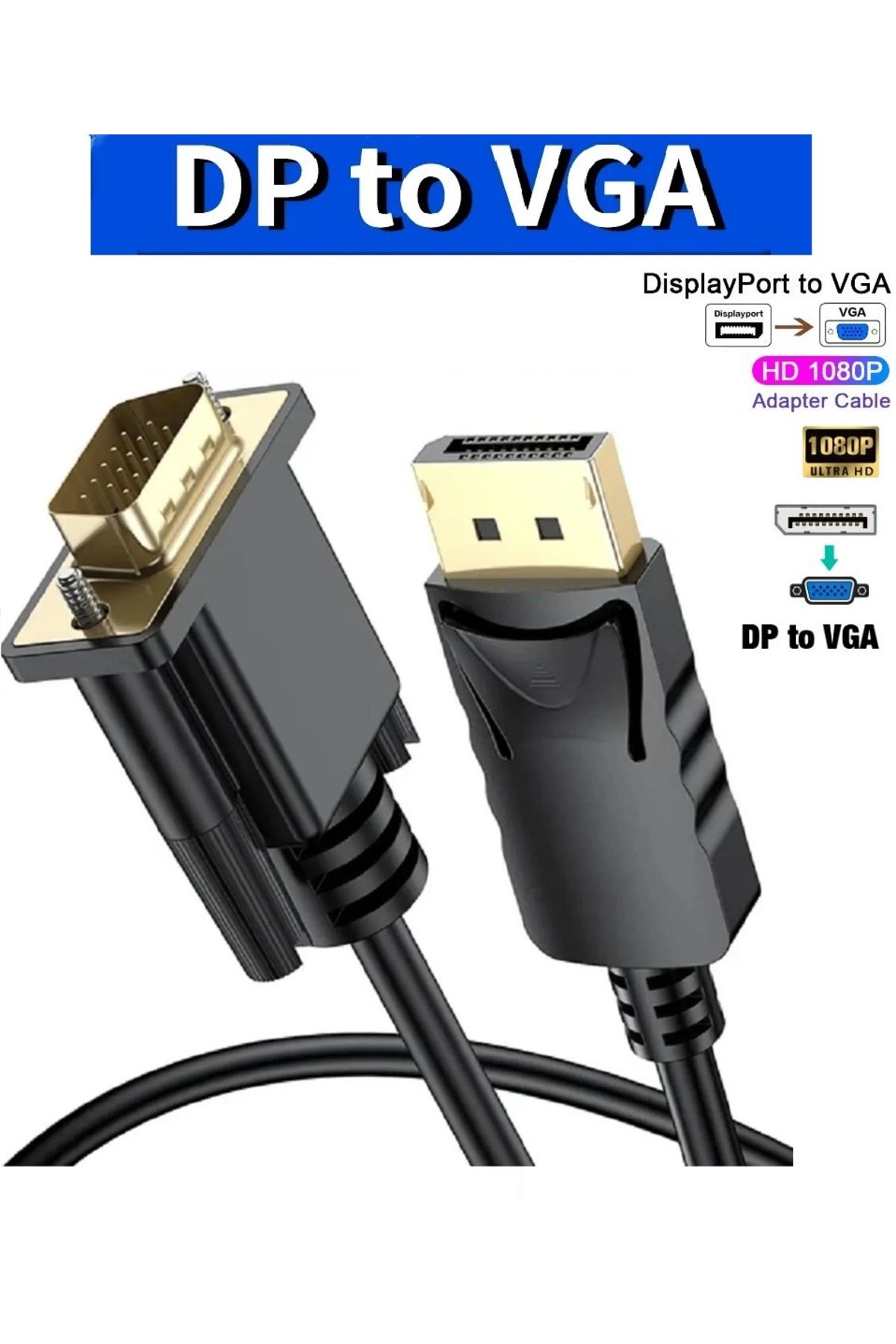 Derwell 1.8 Metre Display Port To Vga Kablo Display Vga Dp To Vga 1.8m Displayport Erkek Vga Erkek Kablo