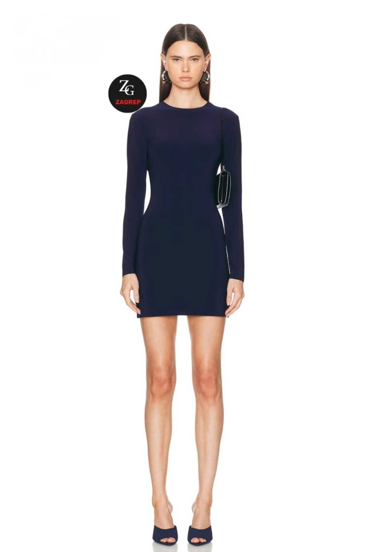 Zagrep-Women's Navy Blue Crew Neck Lined Silk Jersey Mini Dress 1