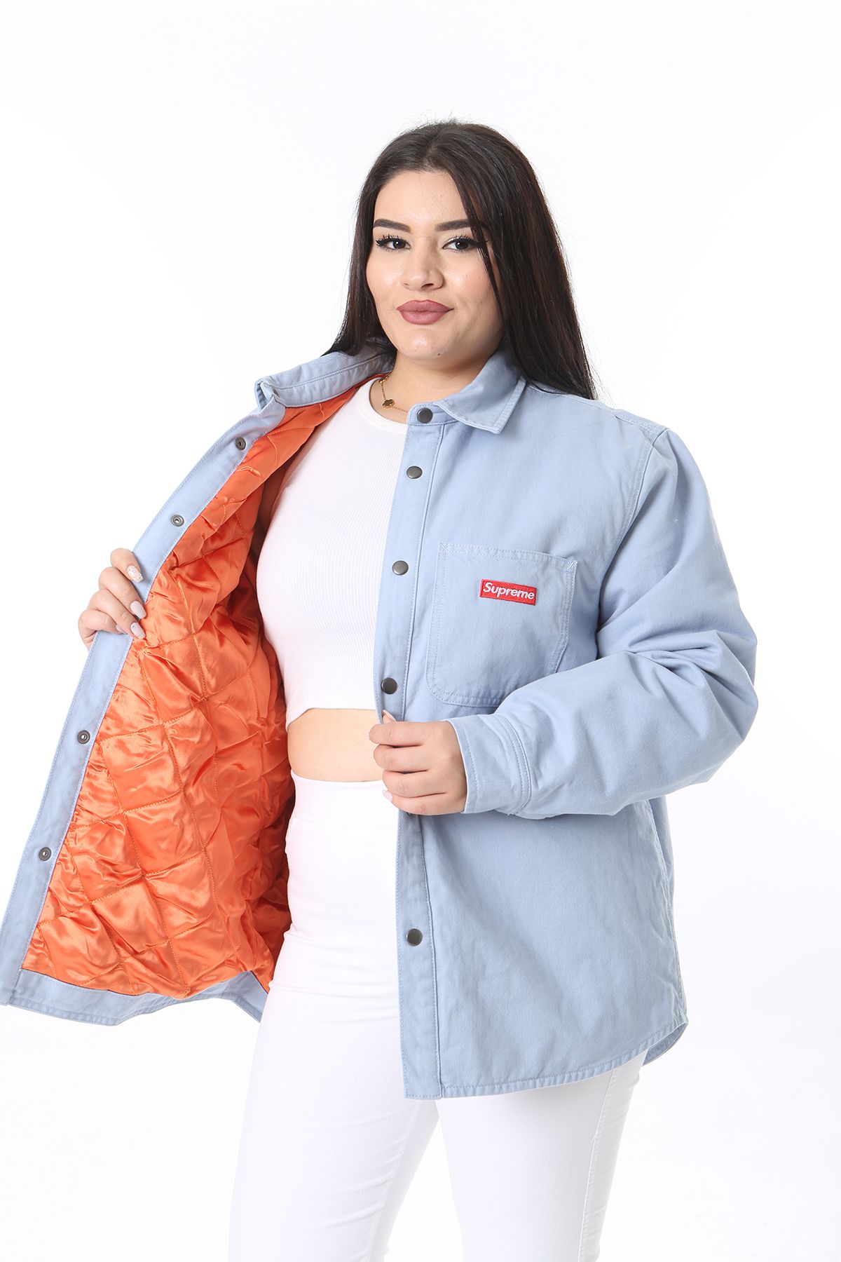 Şans-Women's Plus Size Blue Inner Quilted Lined Snap Button Coat 65N38371 3