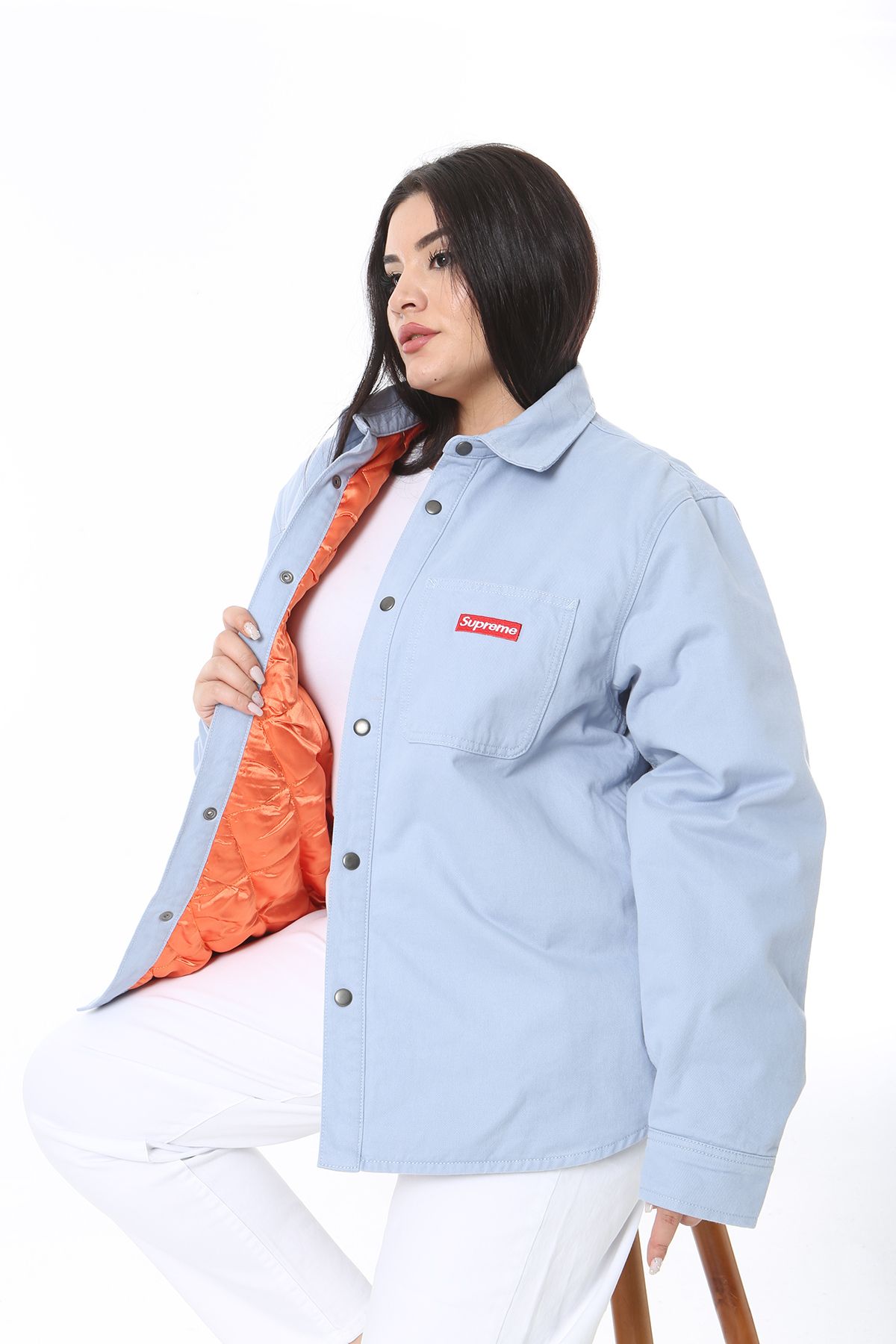 Şans-Women's Plus Size Blue Inner Quilted Lined Snap Button Coat 65N38371 1