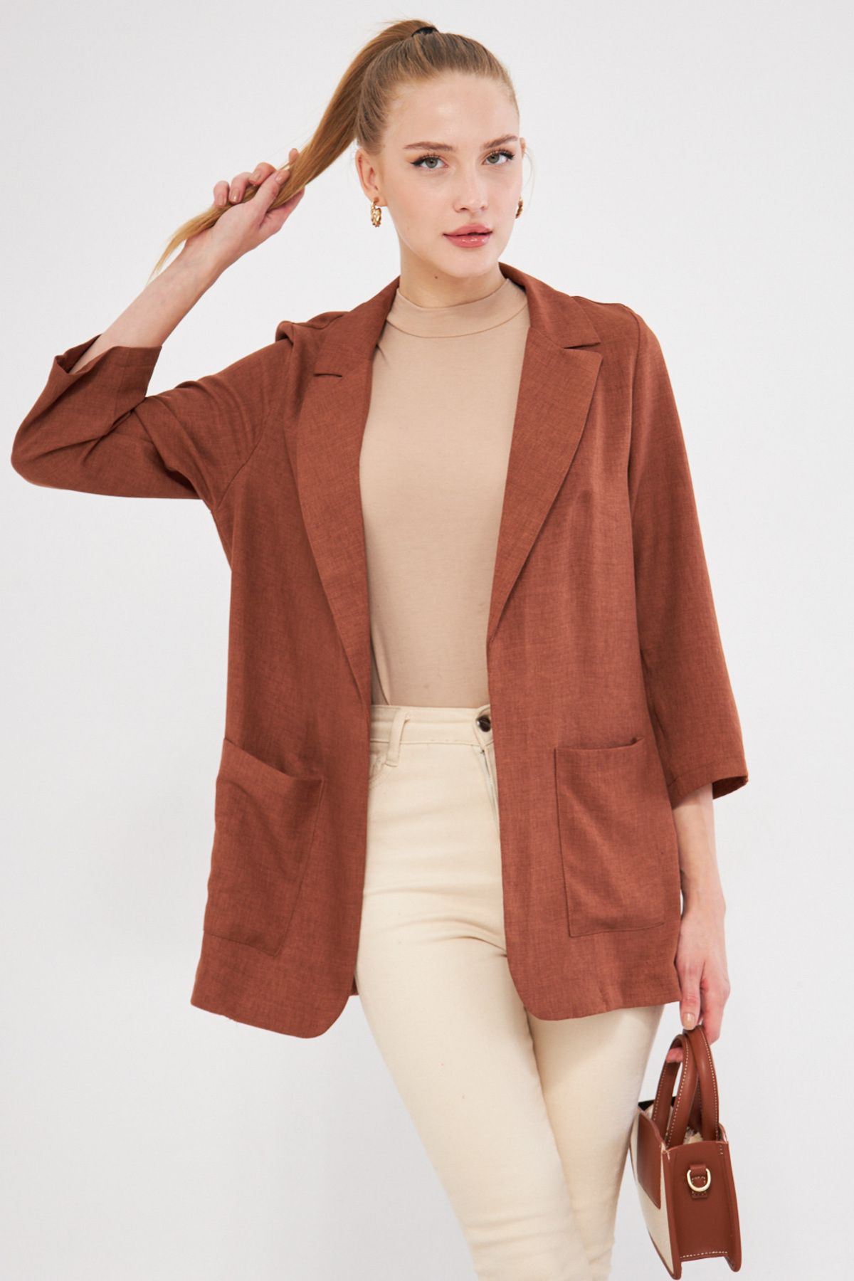 armonika-Women's Brown Oversize Jacket with Pockets Arm-24Y 001115 1