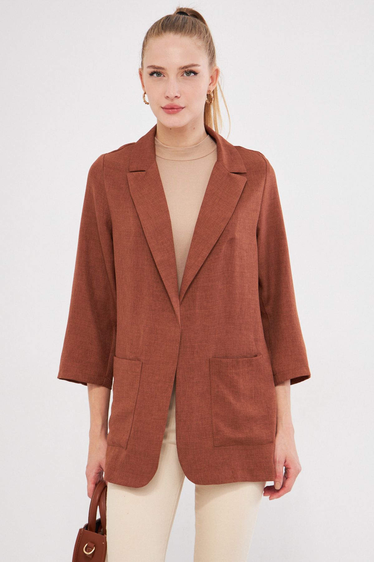 armonika-Women's Brown Oversize Jacket with Pockets Arm-24Y 001115 3