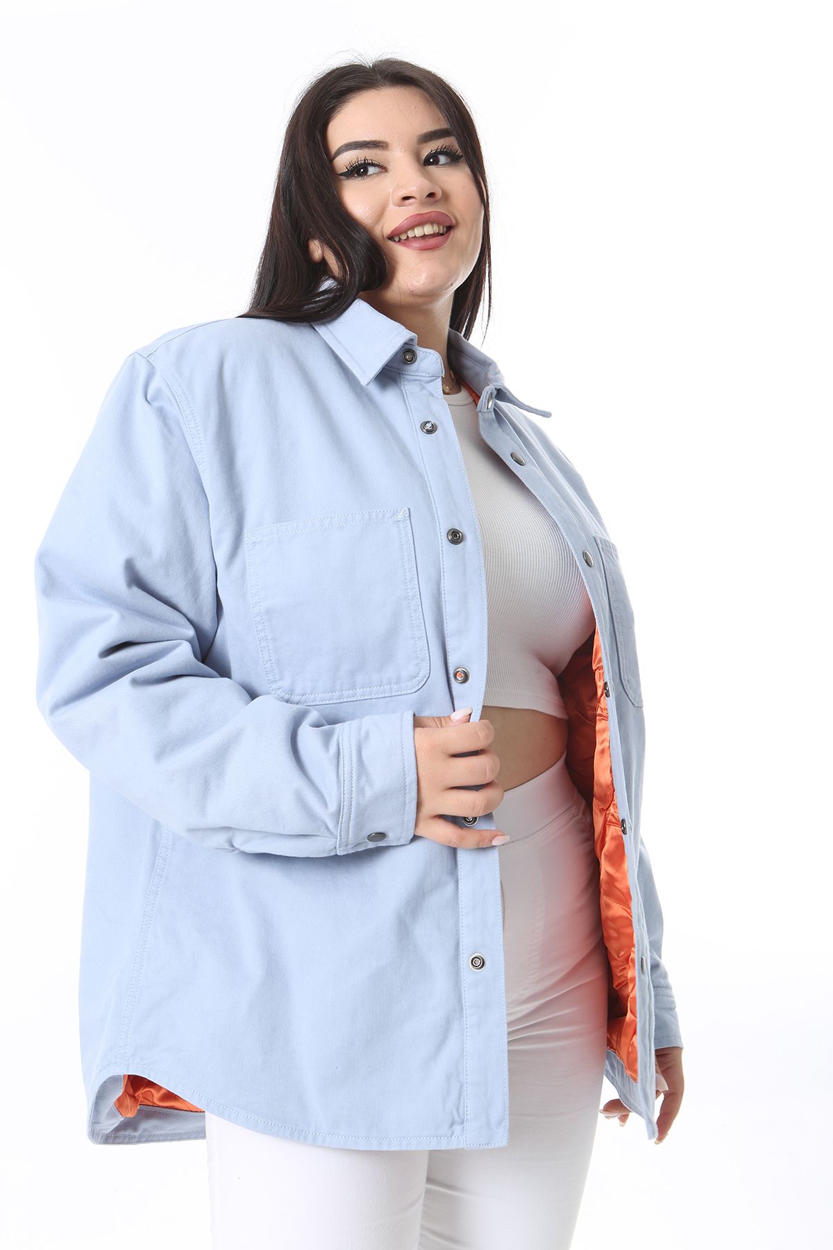 Şans-Women's Plus Size Blue Inner Quilted Lined Snap Button Coat 65N38371 5