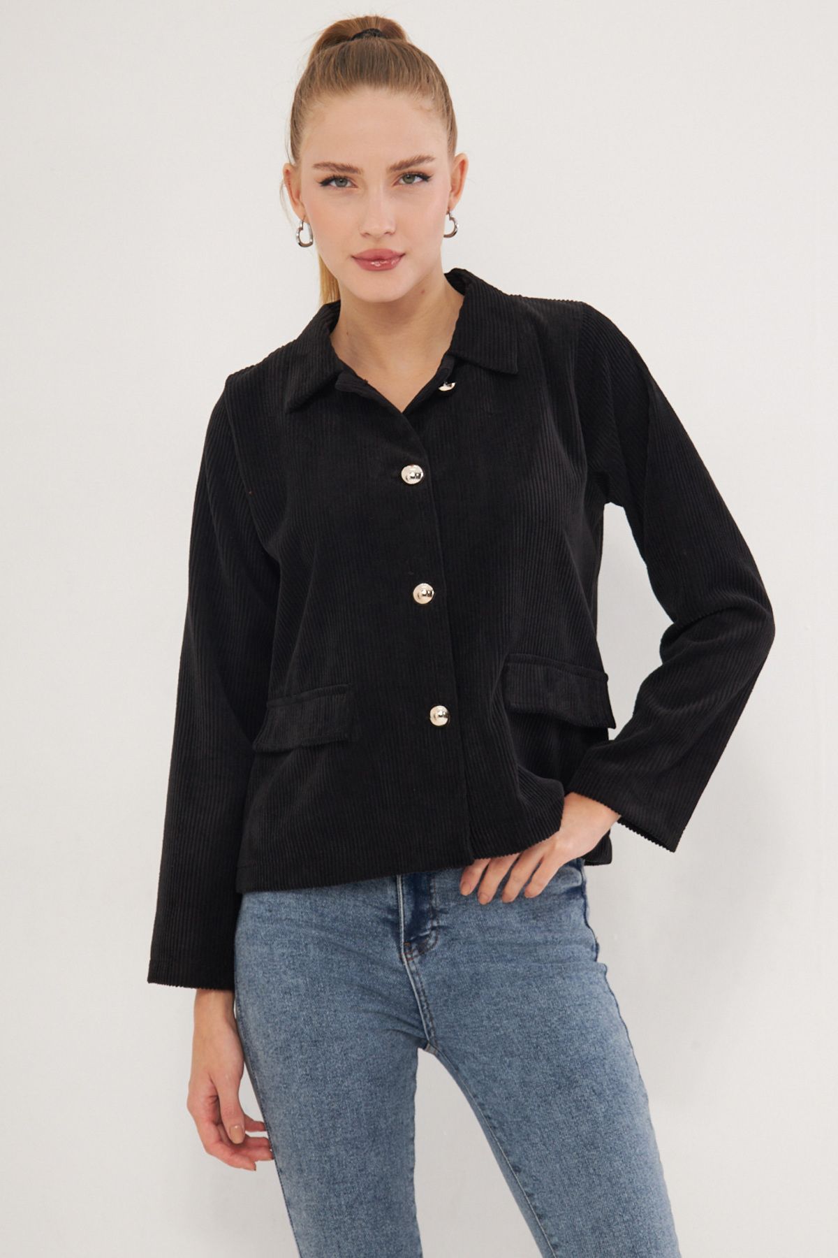 armonika-Women's Black Velvet Jacket with Pocket Flap Arm-25K 001037 1