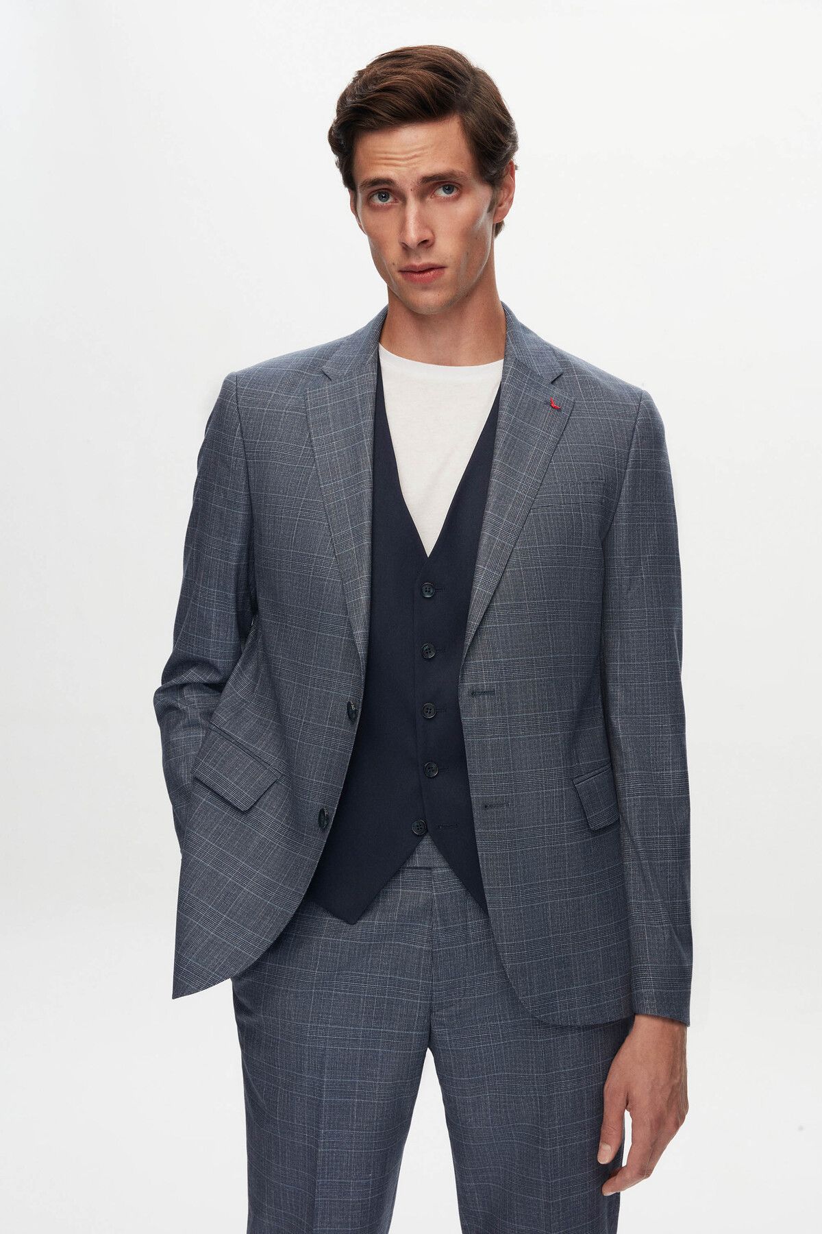 ds marié slim fit lacivert écose costume combinaison