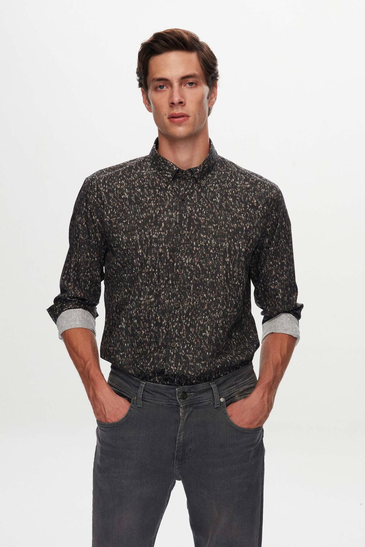 Twn-Slim Fit Khaki Printed Shirt 2