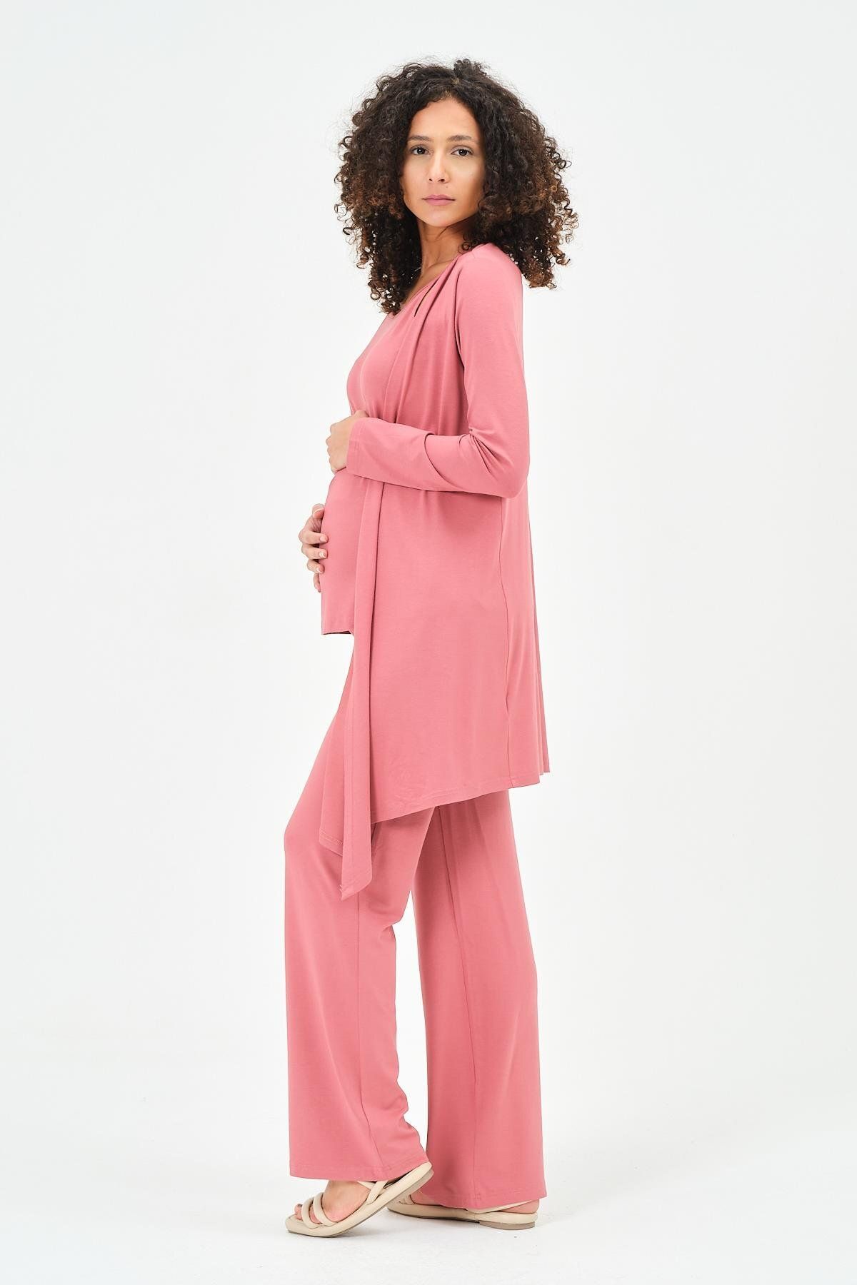 BUSA-Maternity Triple Combed Set (Strapped T-shirt - Cardigan - Wide Leg Bottom) Dried Rose 5