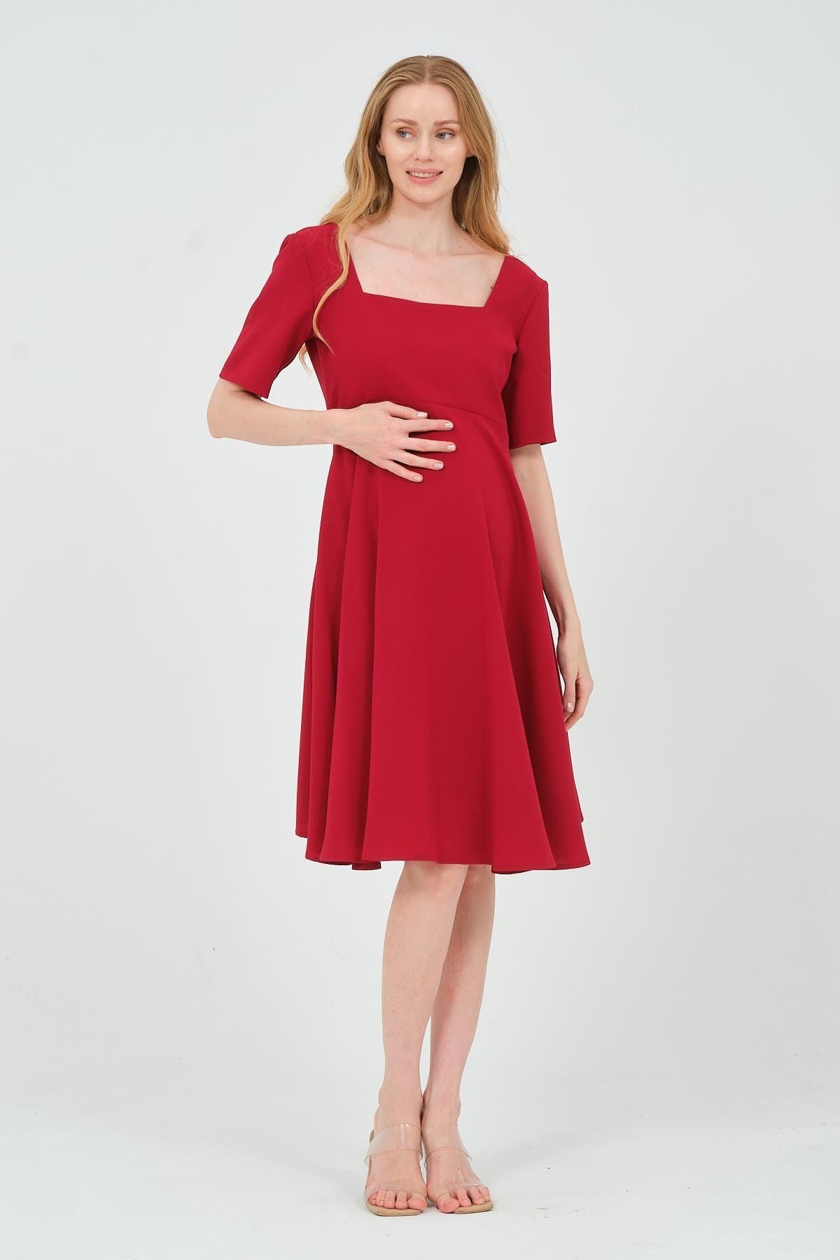 BUSA-Burgundy Maternity Midi Evening Dress - Short Sleeve, Square Collar Dress 1