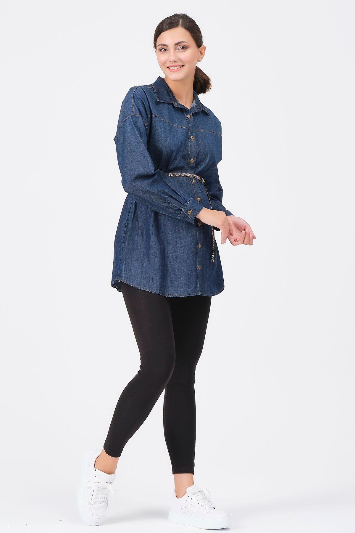 BUSA-Maternity Belted Side Pocket Denim Shirt Blue 2