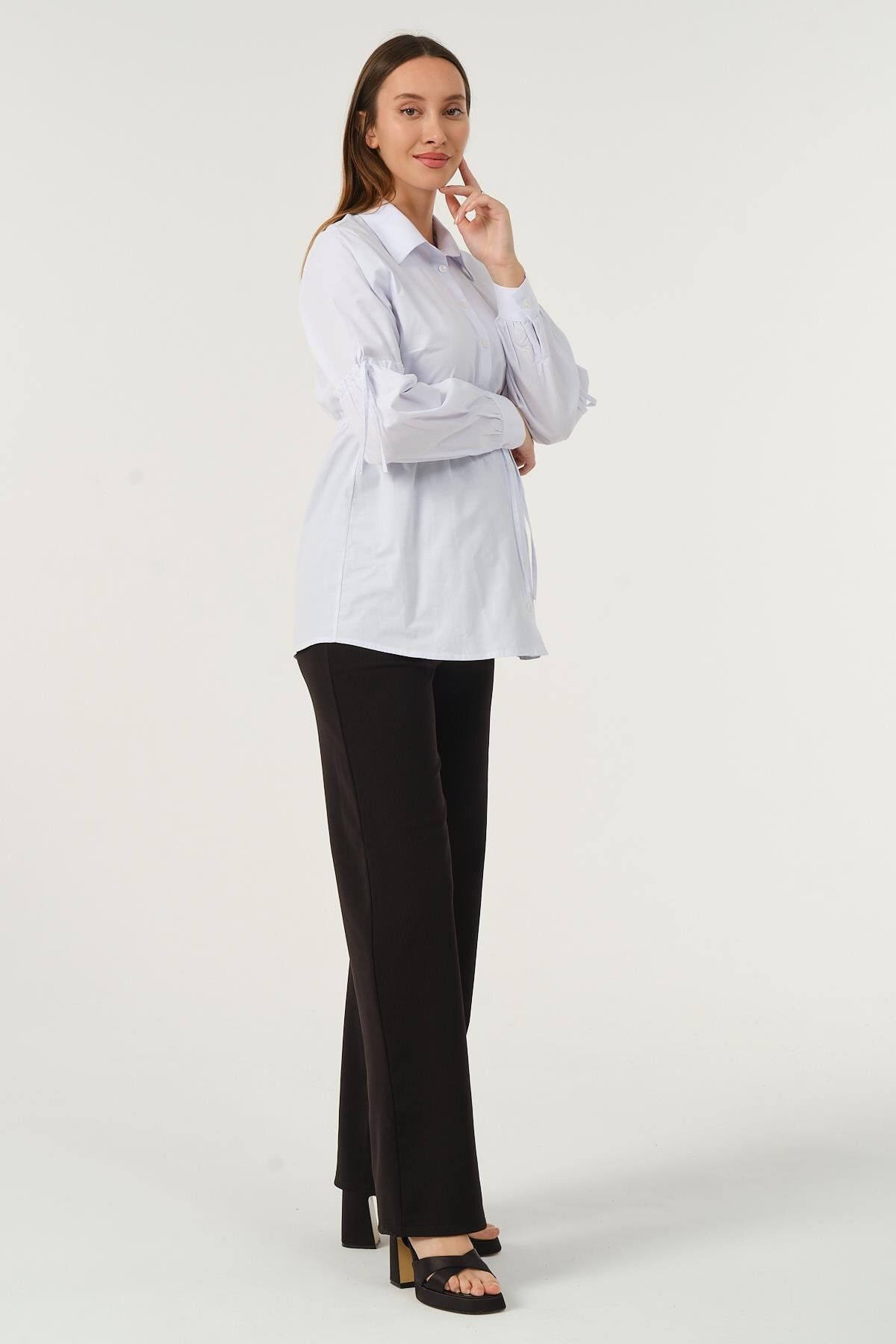 BUSA-White Maternity Shirt - Front Button and Waist Lace Sleeve Detail 3