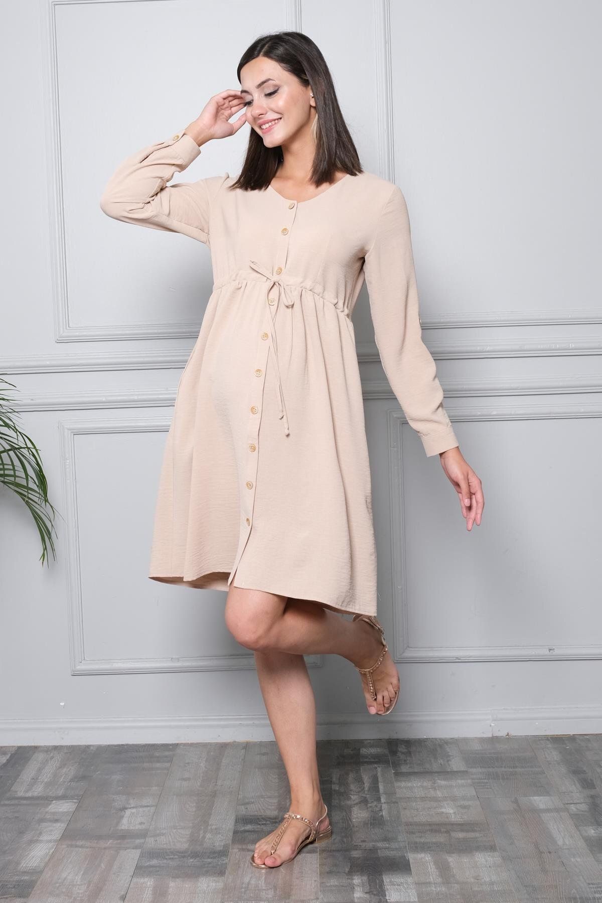 BUSA-Beige Maternity Viscose Dress - Long Sleeve, Buttoned Front and Laced 3