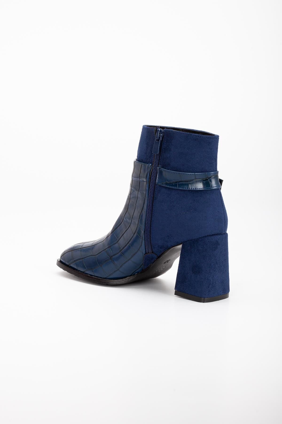 Dilimler Ayakkabı-Suede and Crocodile Leather Small Belted Navy Blue Women's Thick Heeled Boots 5