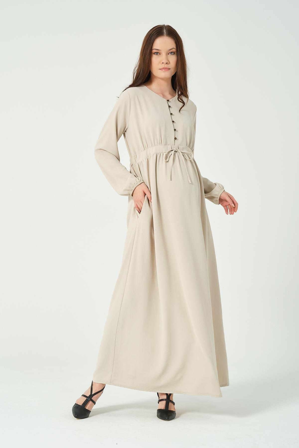 BUSA-Maternity Lace-Up Waist Long Sleeve Maxi Size V-Neck Hijab Dress Cream 3