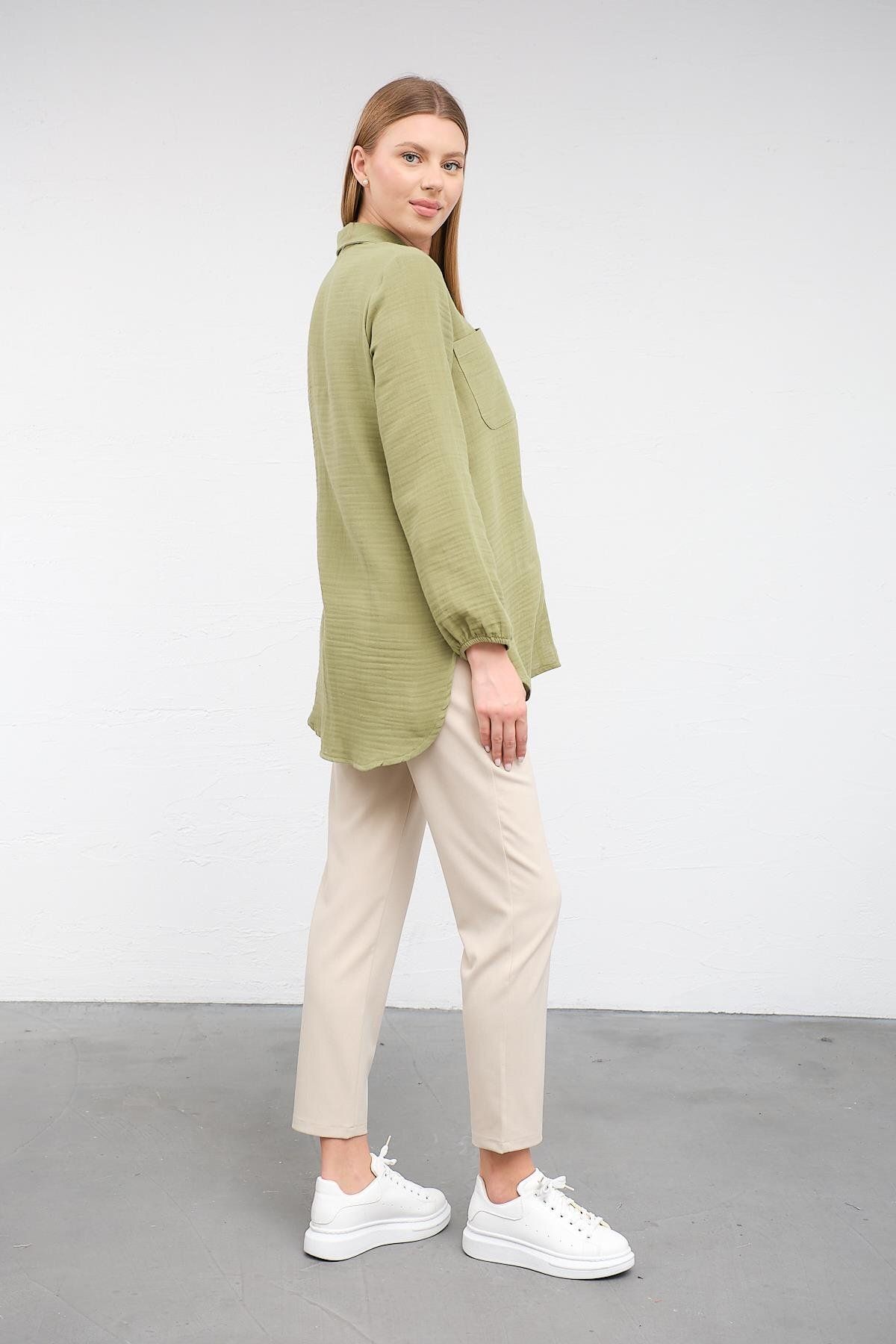 BUSA-Green Linen Shirt - Maternity Sleeve Elastic, Front Pocket 5