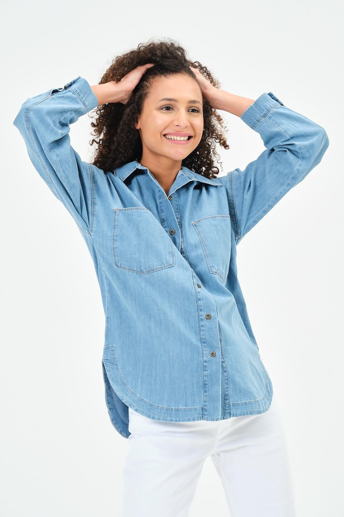 BUSA-Pregnant Oversize Denim Shirt with Front Pockets Blue 2