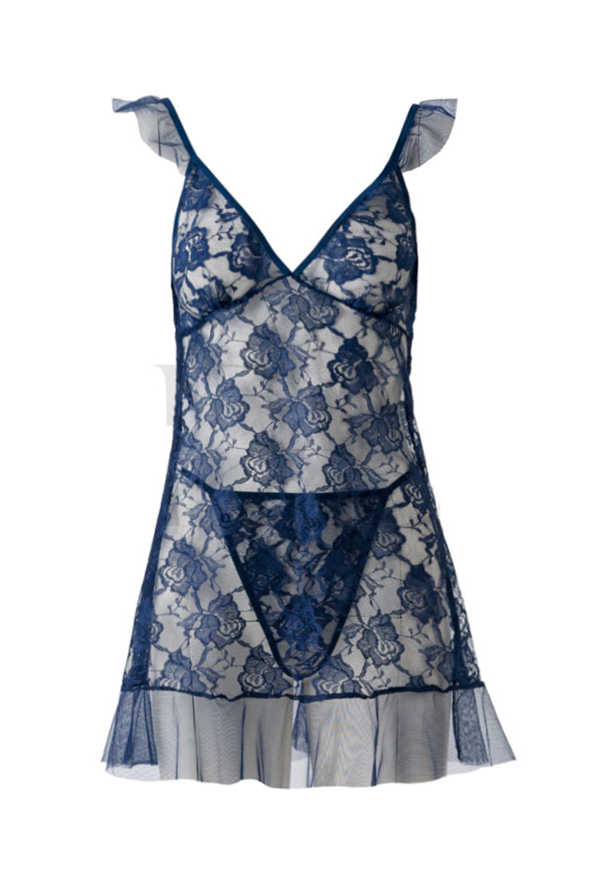 El Major Fırfır Detaylı Lacivert Dantel Transparan Tül Gecelik