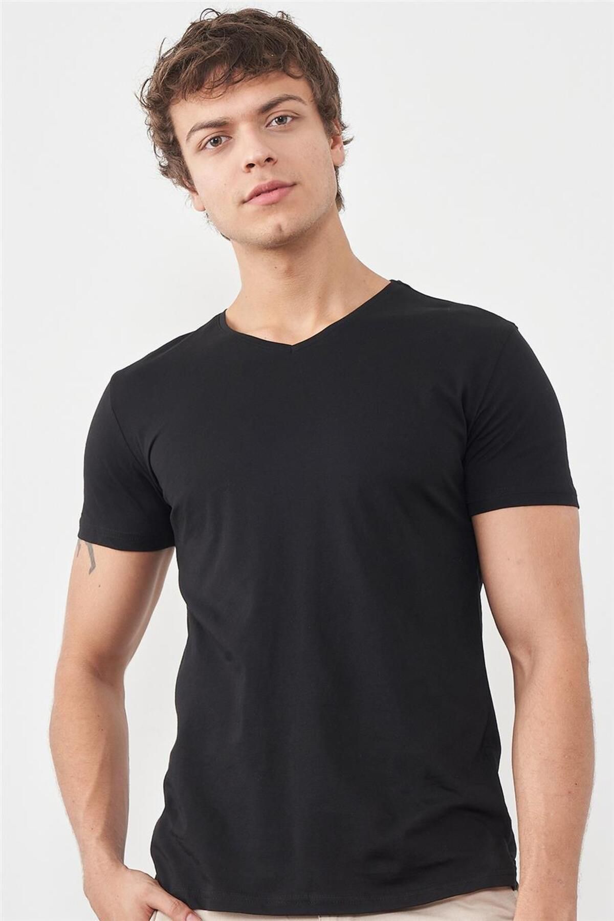 Mentality Çetinkaya Mentality 2772V V Yaka Basic Siyah T-Shirt