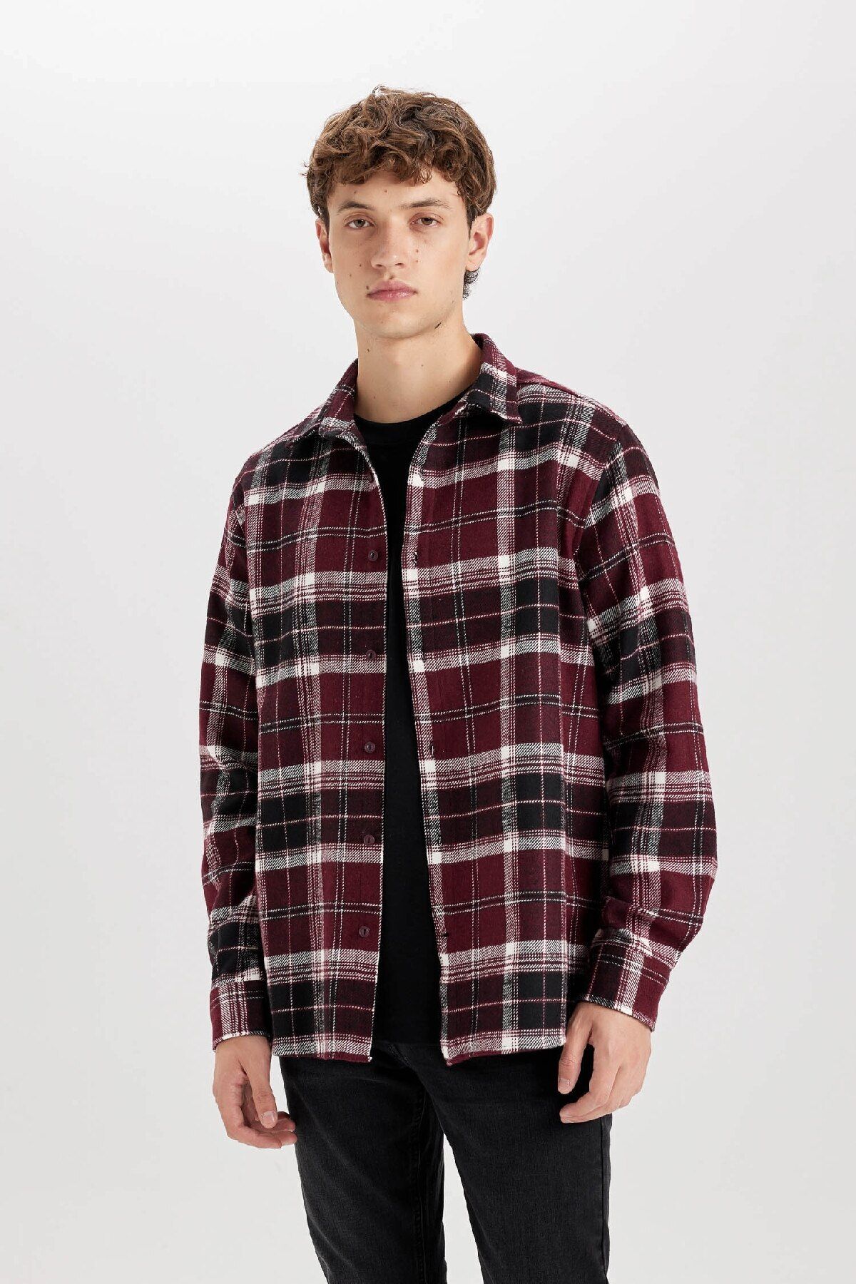 DeFacto-Regular Fit Polo Collar Checked Flannel Long Sleeve Shirt E0989Ax24Wn 1