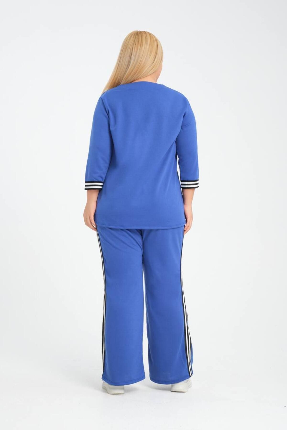 garajmood-Blue Stripe Detailed Long Sleeve Comfortable Sports Large Size Women's Tracksuit Set 4