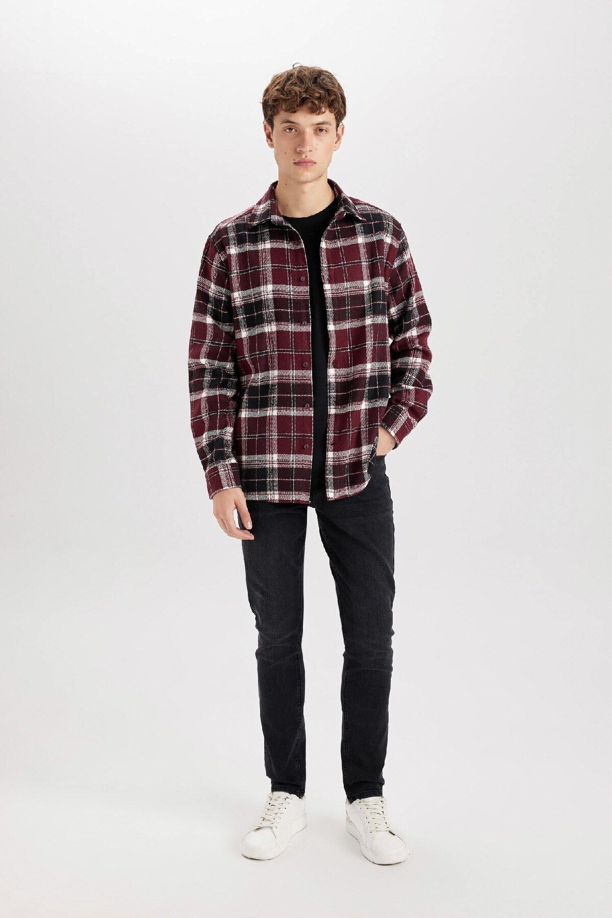 DeFacto-Regular Fit Polo Collar Checked Flannel Long Sleeve Shirt E0989Ax24Wn 2