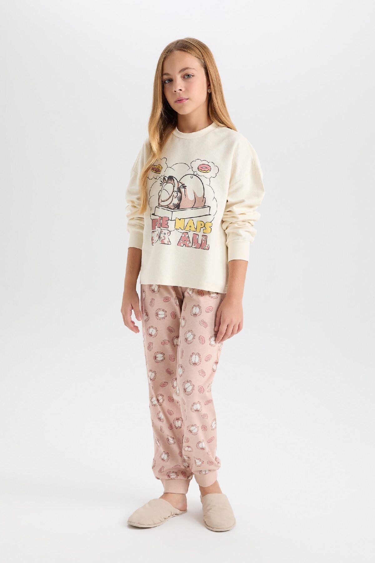 DeFacto-Girl's Garfield Print Pajamas Set - Elastic Waist, Long Bottom D6061A824Wn 2