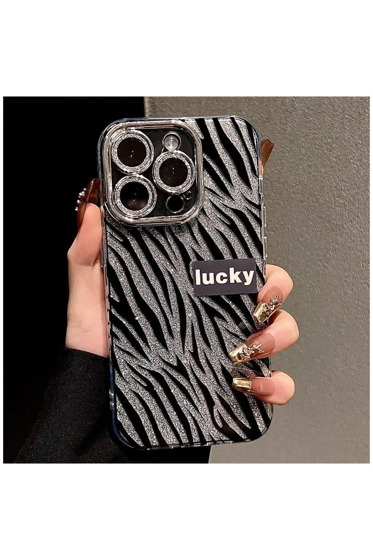 Pro Aksesuar Apple iPhone 13 Pro Uyumlu Kılıf Simli Zebra Silikon Kılıf Siyah
