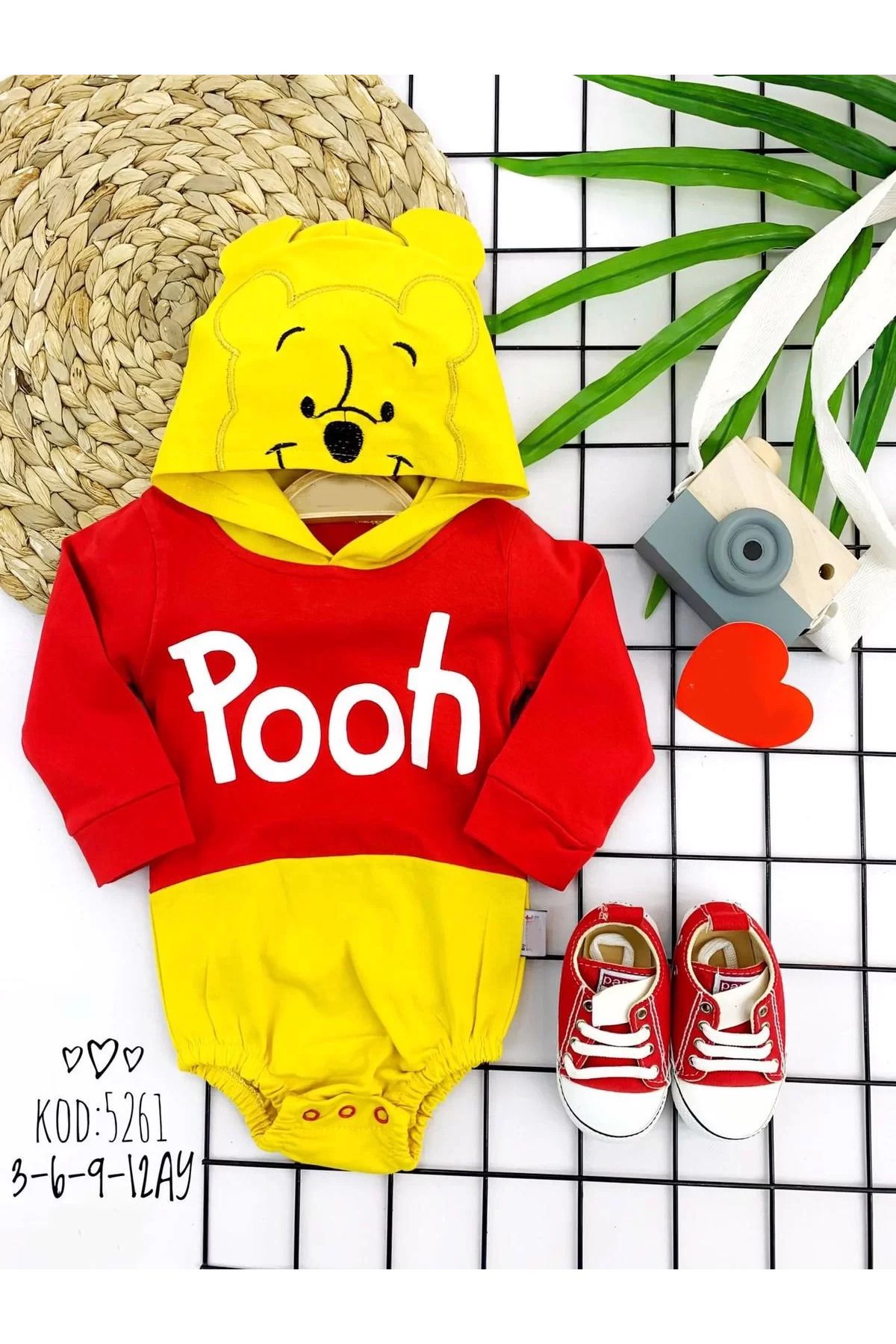 dalinda Kapşonlu Pooh Desenli Uzun Kollu Kız Erkek Bebek Bady &zıbın Kırmızı