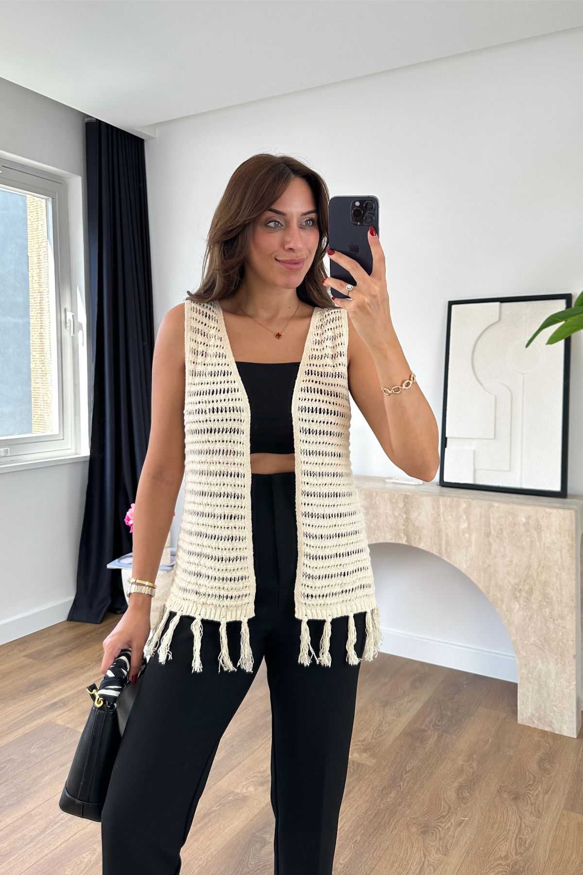 BİRCANÇİL-Vesla Stone Tasseled Openwork Vest 3