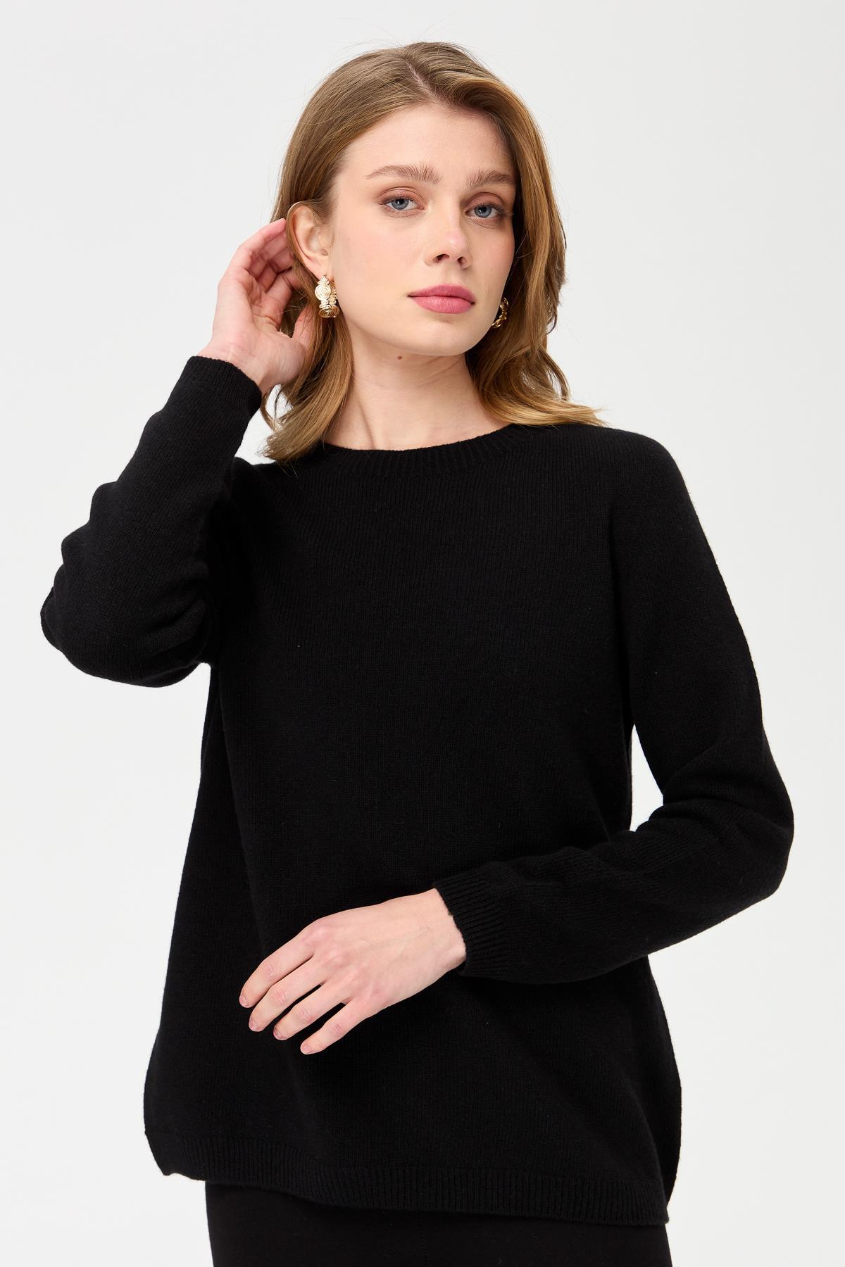 Desen Triko  Kadın Sıfır Yaka Klasik Yün Kazak Siyah - Görsel 5